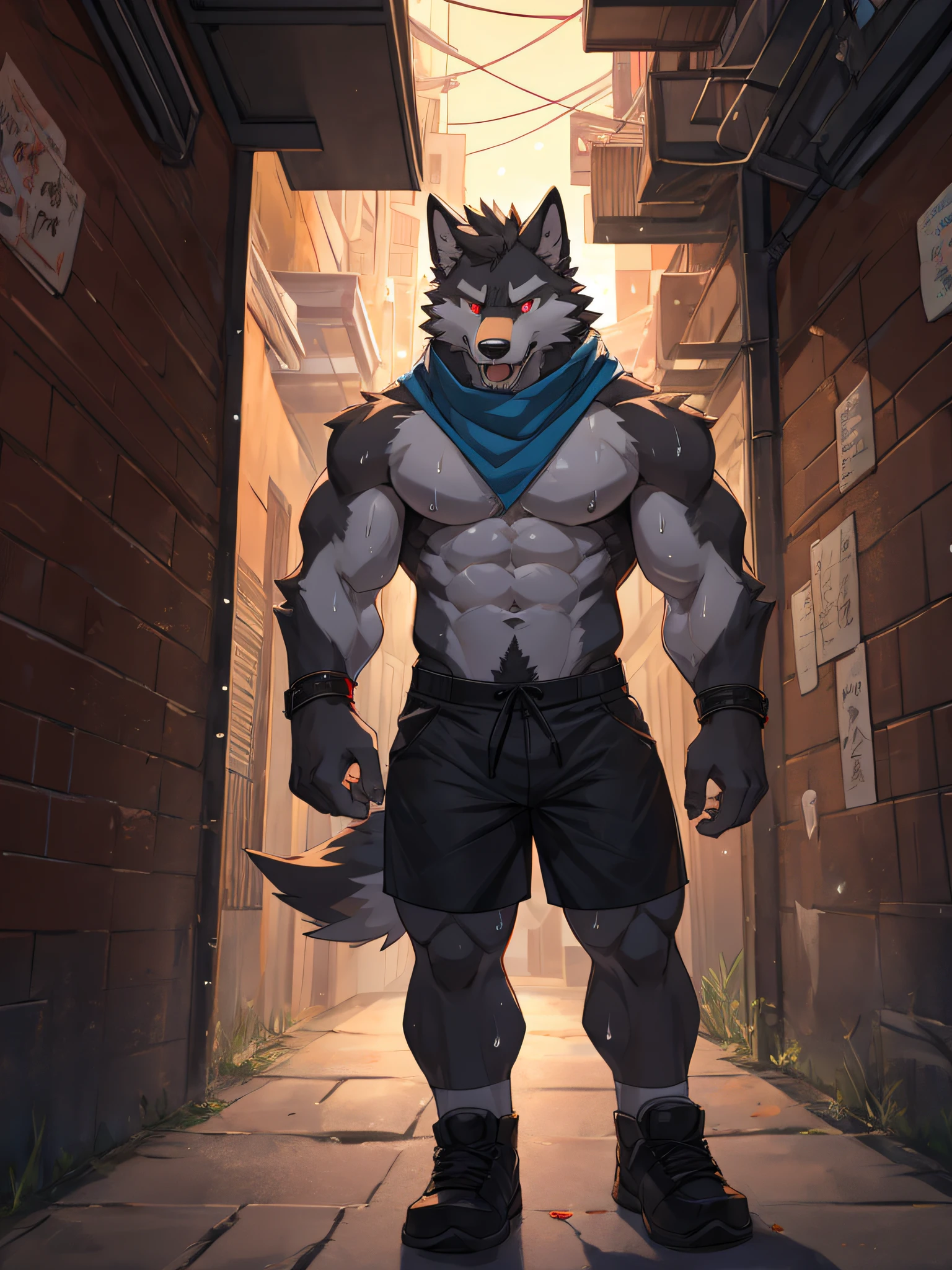 furry,bara,wolf,masculine,Black feathers,The body color is white..,The fur from chest to belly is white..,Bright red eyes,muscular,No shirt..,Wear black shorts.,Pao Tang,Wear a blue triangular scarf..,There are many sweat stains on the body..,there&#39;Coughed out of his mouth..,An embarrassed expression on his face..,Standing in an alley,nighttime