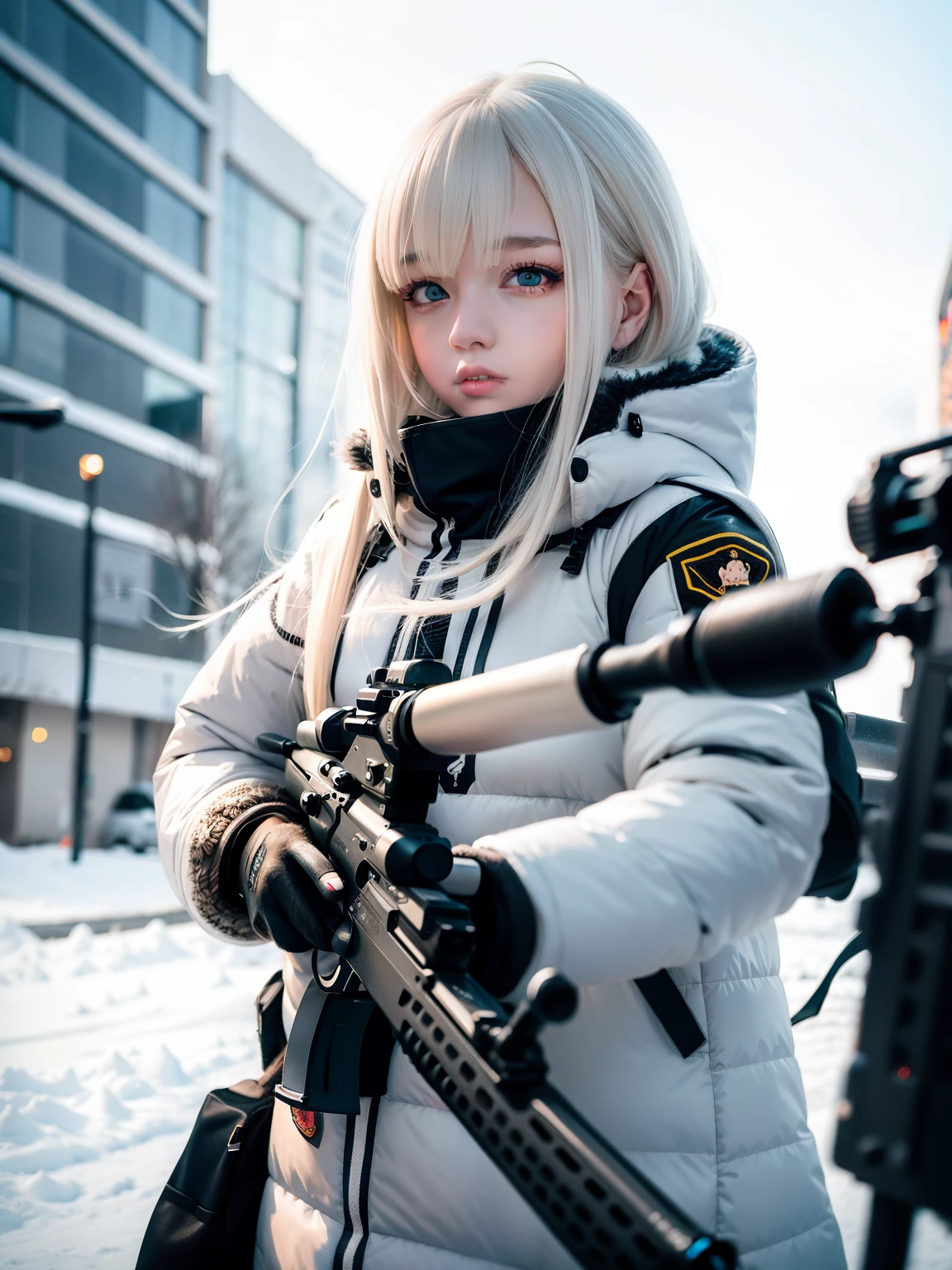 Blonde woman holding rifle in winter coat, Guviz-style artwork, with rifle, of a sniper girl in war, Perfect white haired girl, heavy winter aesthetics, white haired Cangcang, Guviz, action shot girl in parka, IG model | Art germ, Cold, White-haired, Realistic anime, holding rifle, realistic lens