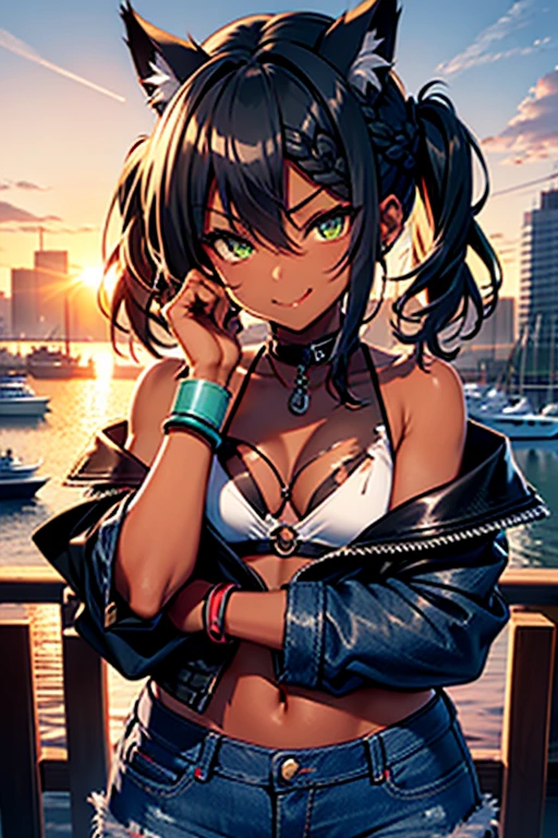 nsfw、masterpiece、best quality、super detailed dark skin、1catgirl、(((adult woman face)))、jadegreen eyes、dark skin、cat ears、horse tail、hair/(braided side pigtails)、flipped hair、midnight black hair、cleavage、arms free、shoulders free、neck free、wrists/(bracelets:1.3)、upper arms/(leather wristbands:1.3)、top/(small torn top:1.3)、pants/(small tight torn denim hotpants)、background/(sunset city-harbor)、evil smile、mischievous face expression、sticking tongue out