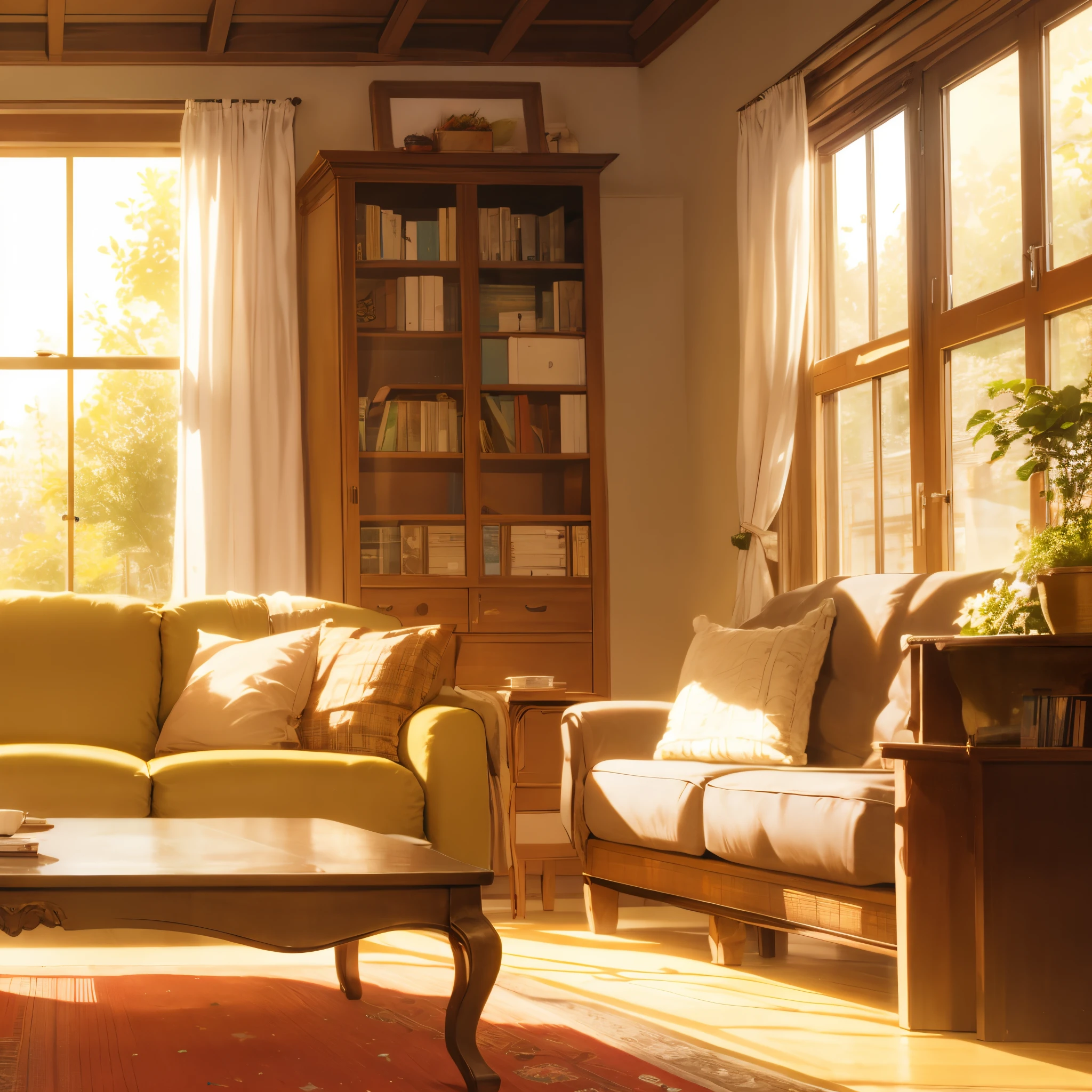 cozy living room,window,sofe,book case,Tea table,greenery,carpets,rays of sunshine