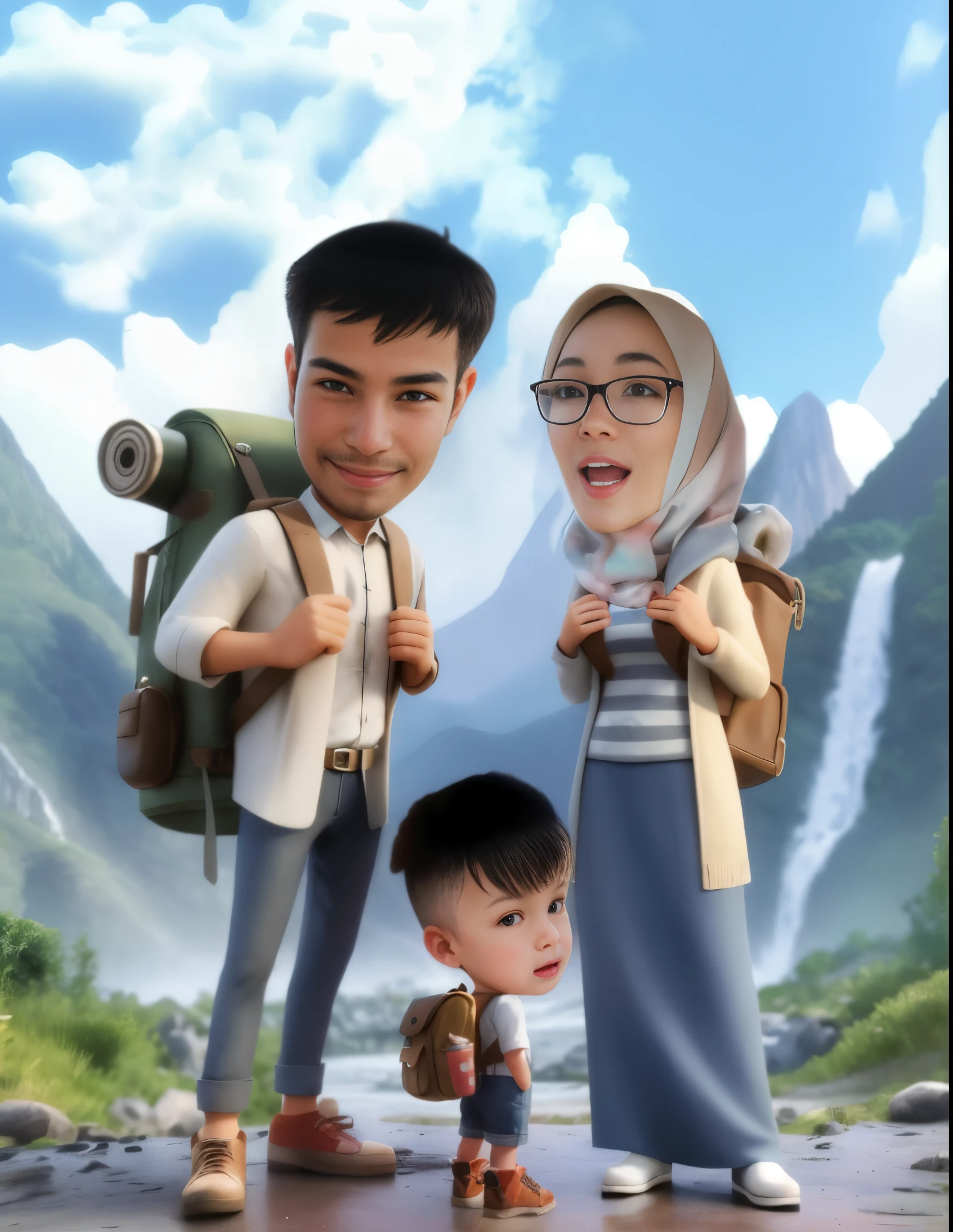 Make the hijab-wearing mother's Smile normally