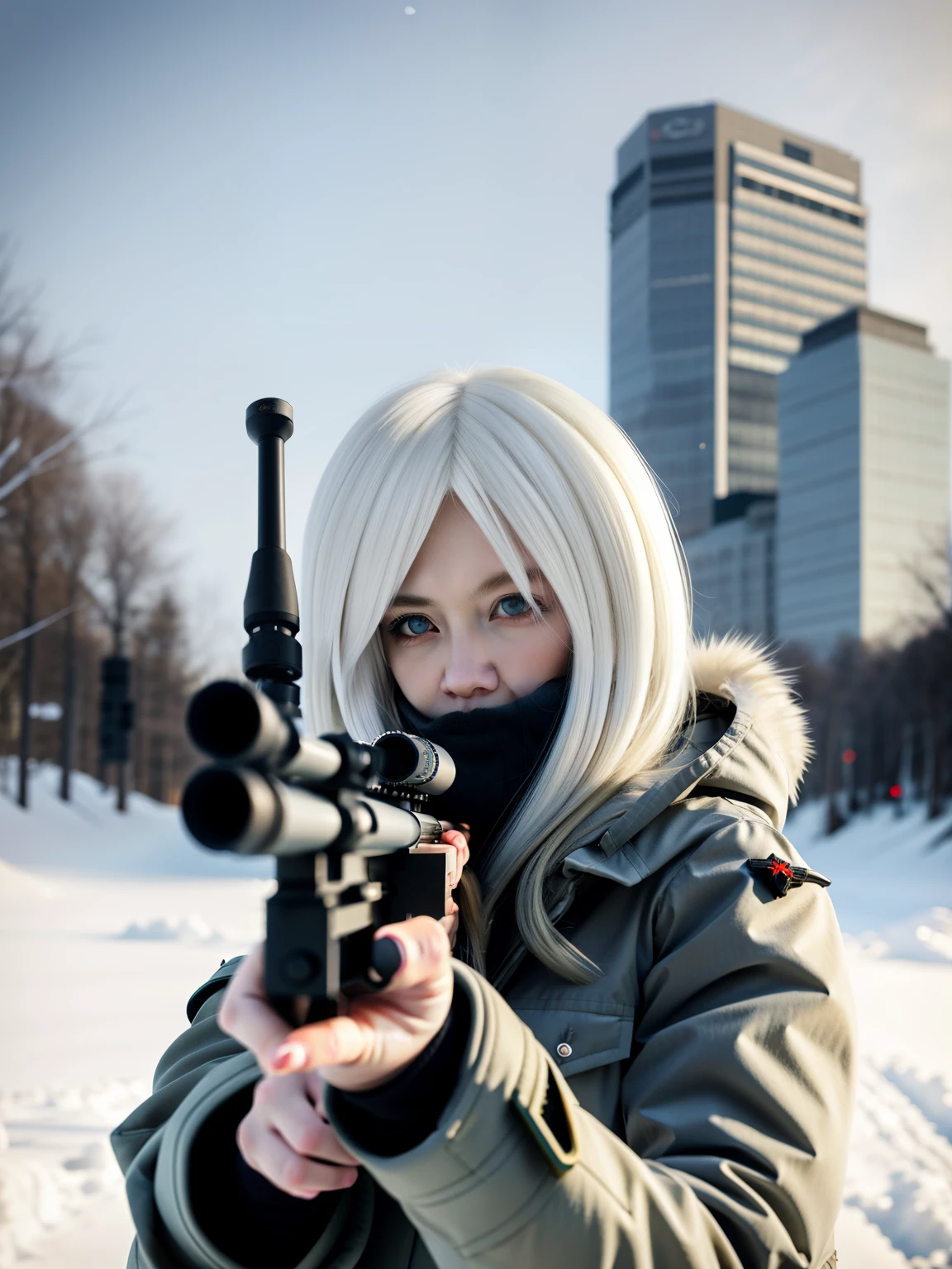 Blonde woman holding rifle in winter coat, Guviz-style artwork, with rifle, of a sniper girl in war, Perfect white haired girl, heavy winter aesthetics, white haired Cangcang, Guviz, action shot girl in parka, IG model | Art germ, Cold, White-haired, Realistic anime, holding rifle, realistic lens