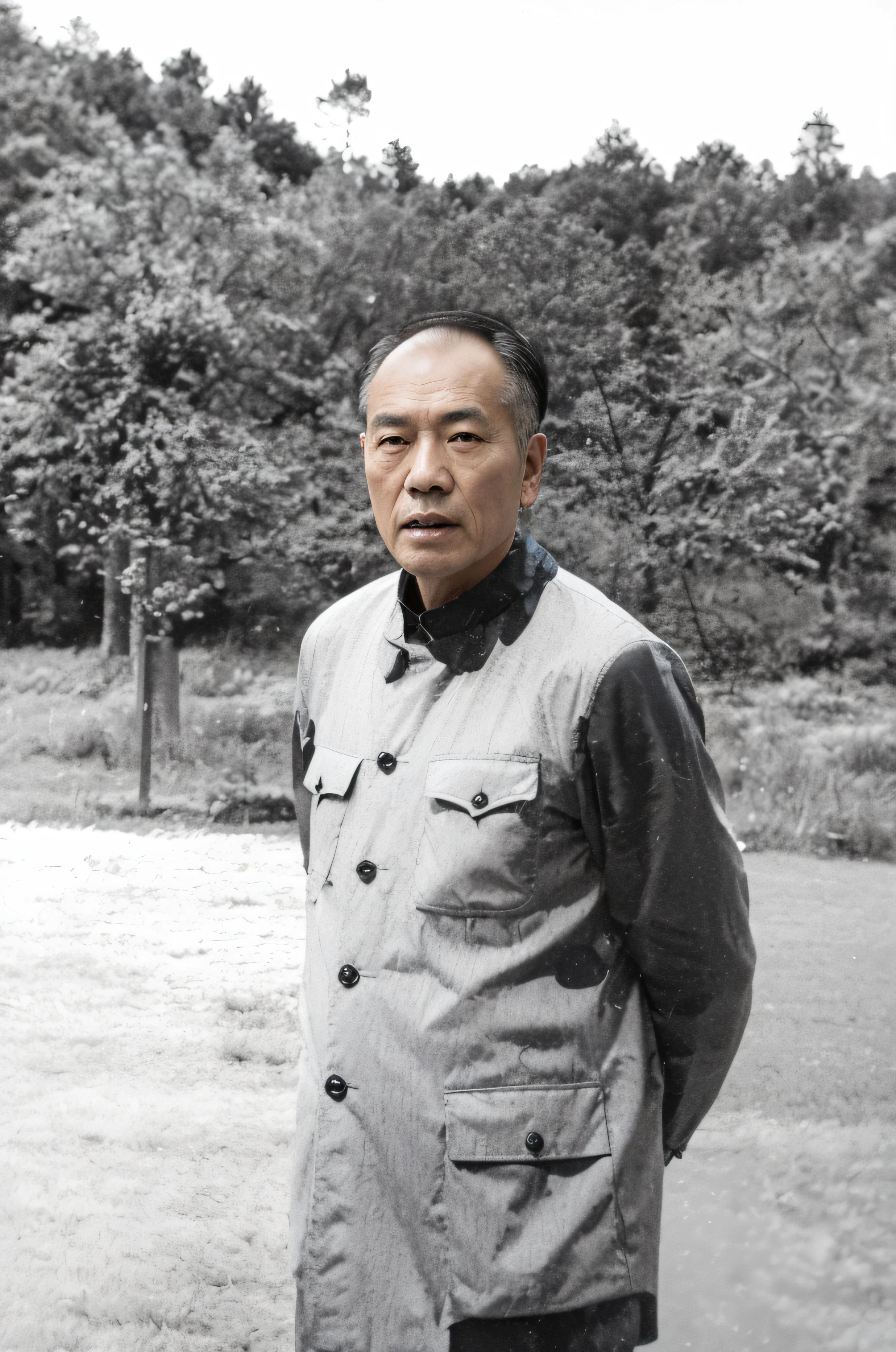 Portrait of a 60-year-old Chinese male，Facial emaciation，No beard，good facial features，Symmetrical facial features，Symmetrical ears、Pubic area is clear，Ultra-clear and realistic facial features，Naturally short hair，Hat coordination，He is wearing a black military uniform，Clothes have pockets，The texture of the clothes is clear，Ultra-clear texture，Camera shooting effect，Light and shadow are natural，symmetrical clothes，Symmetrical collar、coordination，Ultra-clear and realistic 8K,The eyes and face are very detailed,hyper-detailing, k hd, The is very detailed, Best quality at best, tmasterpiece, , actual, of a real,woods in background，There is a piece of grass under your feet， 8k wallpaper,Background details of foreground objects (tmasterpiece: 1.2) (realisticlying: 1.2) (bokeh: 1.2) (Best quality at best) (colorgrading) (Detailed skins: 1.3) (Complex) (8K)(电影灯光: 1.3) (Focus sharp), Glowing and radiant skin, Front Ultra HD, Digital SLR, gentlesoftlighting, high qulity, skin texture, filmgrain, closeup cleavage, 超高分辨率,Black and White photo