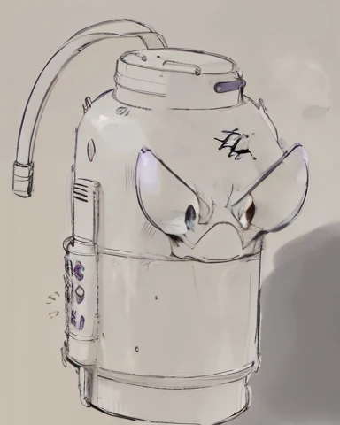 Pokémon gas tank with angry eyes, anime style drawing, purple and white