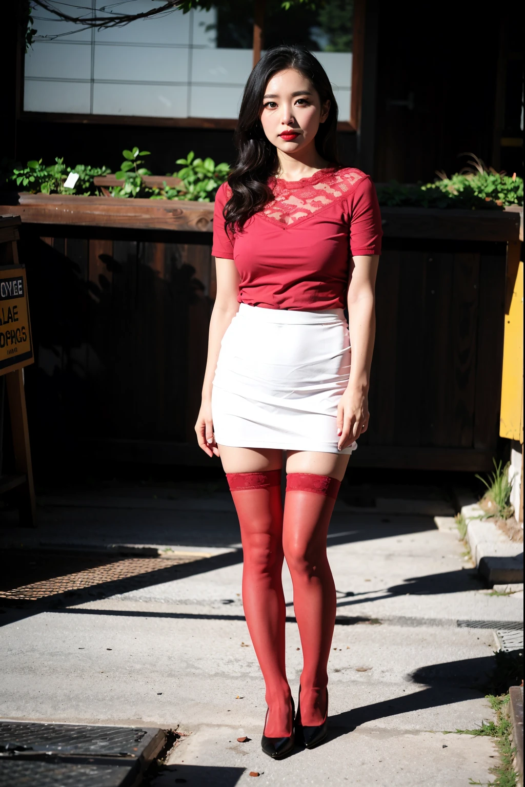 wavy and long hair，heavy  makeups，Redlip，white skinned，mature， legs long，The whole body can be seen，Red stockings，On the bustling streets，Have a well-proportioned figure，Tight black short sleeves，legs long，Very short pleated skirt，high-heels