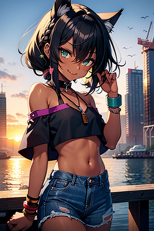 nsfw、masterpiece、best quality、super detailed dark skin、1catgirl、(((adult woman face)))、jadegreen eyes、dark skin、cat ears、horse tail、hair/(braided side pigtails)、flipped hair、midnight black hair、cleavage、(arms free)、(shoulders free)、(neck free)、wrists/(bracelets:1.3)、upper arms/(leather wristbands:1.3)、top/(small torn top:1.3)、pants/(small tight torn denim hotpants)、background/(sunset city-harbor)、evil smile、mischievous face expression、sticking tongue out