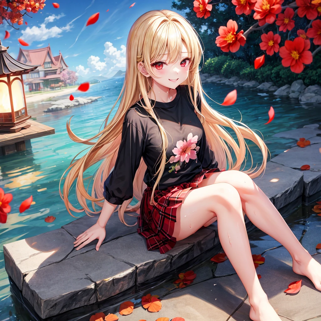 a blond、red eyes、1 pretty girl、animesque、lightly dressed、Plaid miniskirt、flower petals、bare-legged、wetting hair、Black T-shirt、sitting on、You、Smiling、Flame Magic