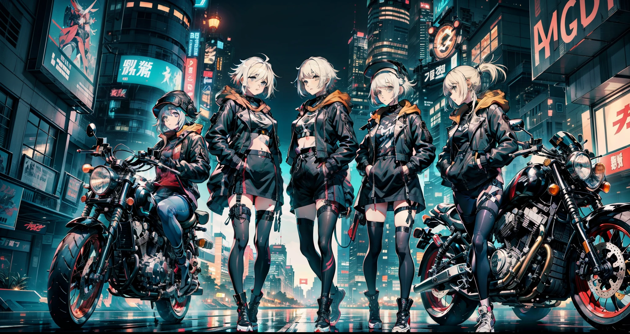 cyberpunked、girl with、mechanic、comical、Anime style、white hair、motor bikes、Rider Jacket、punk coloring、sity、nightcity、Body parts are machines、Mature Woman、group