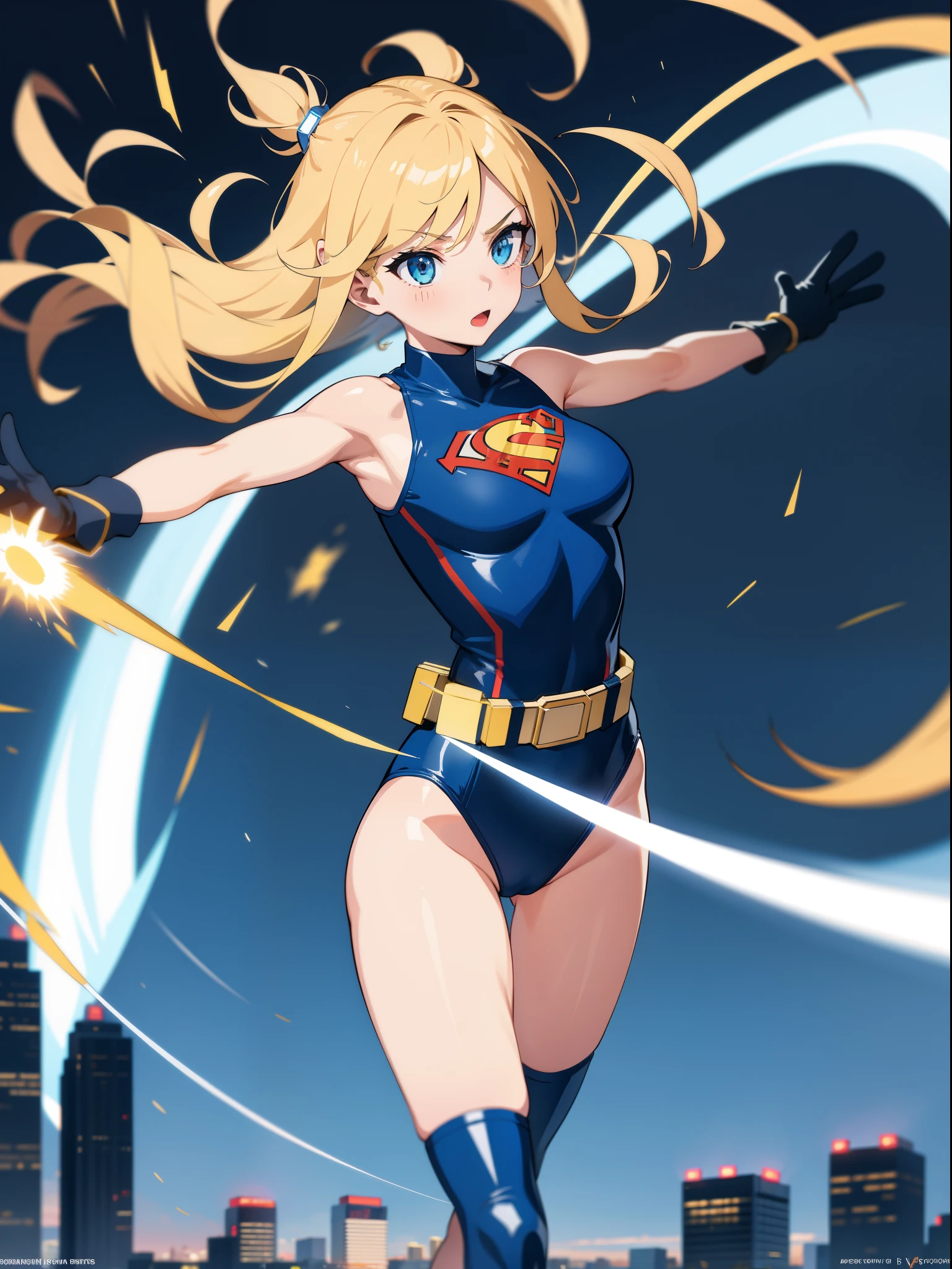 1girl, medium breasts, leotard, high cut leotard, bare legs, belt, boots, gloves, superhero, city backdrop, solo, single, raised arms, standing, twirling, spinning like a tornado, wind swirls surrounding her body, energy emitting from her body, full body shot, cowboy shot, superpower, tornado spinning, rapid gyration, super speed, speed lines, tornado wind swirls surrounding her body, super spin