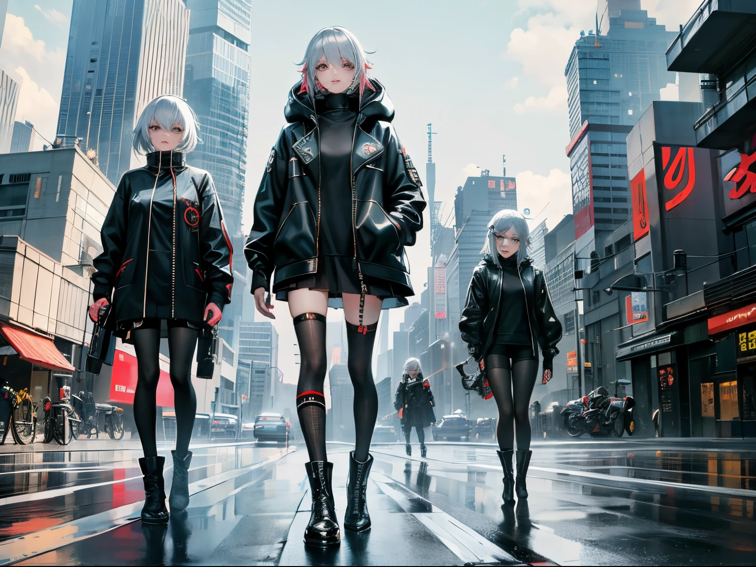 cyberpunked、girl with2a person、mechanic、comical、Anime style、white hair、motor bikes、leather jackets、punk coloring、sity、nightcity、Street、doodle、parka、Mature、Tall Woman、Military、long boots