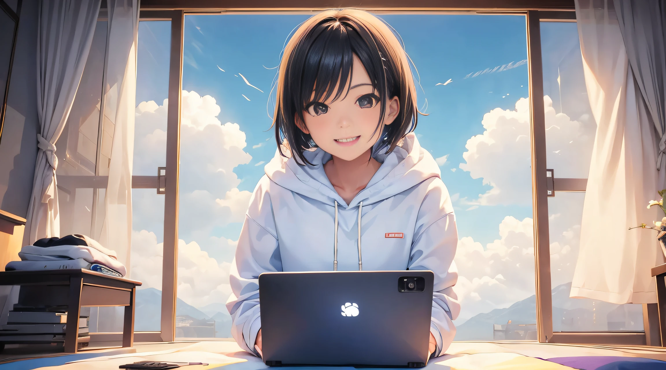 operate the computer in the room,beginner, portrait shot, infp young woman, she expressing joy, ethnicity : Japanese, she is smiling and excited, a young asian woman, Woman in hoodie, over shoulder shot, outdoors business portrait, Smiling young woman, waist - up, sunny sky, vibrant and dynamic,