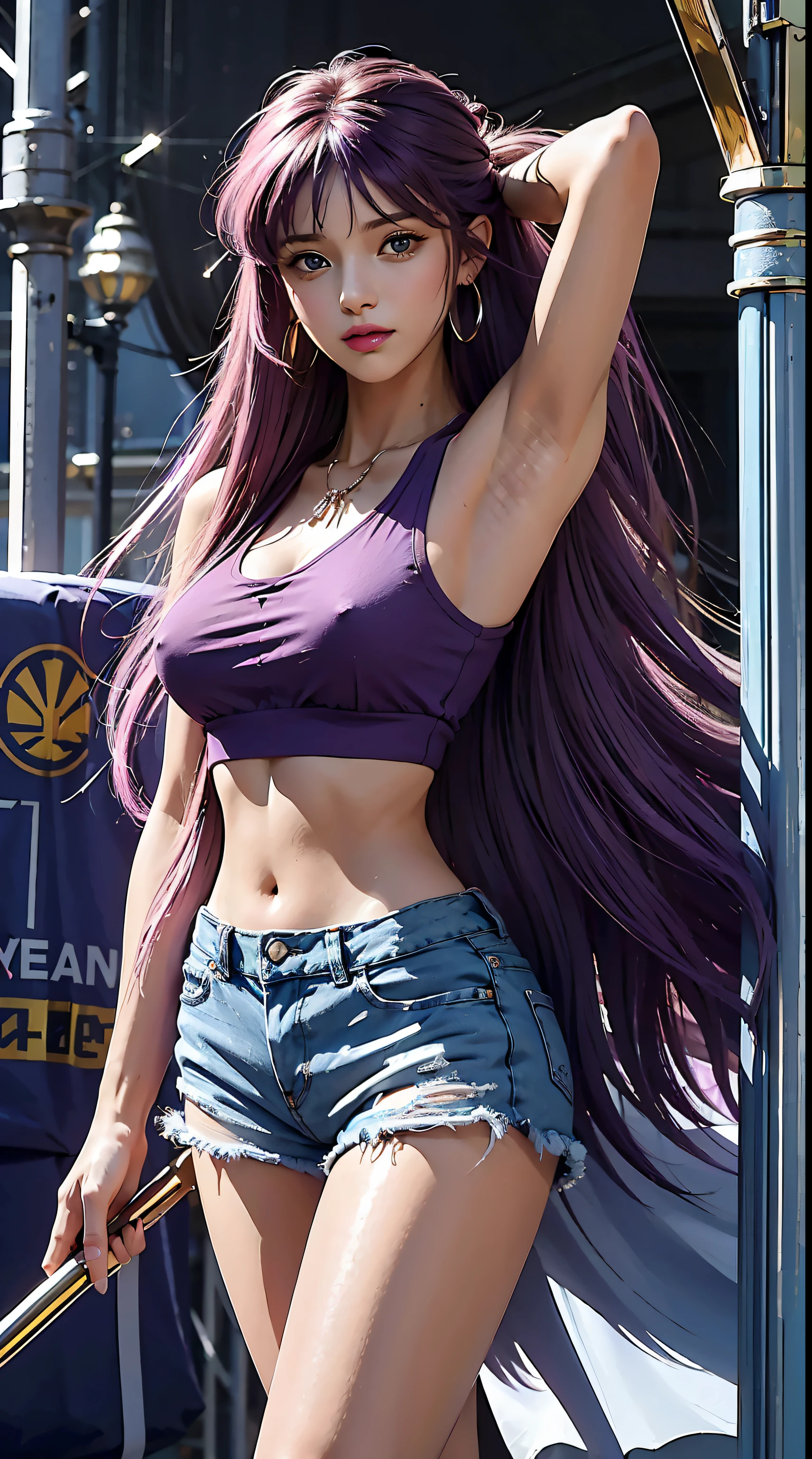 Kido_Saori, saori_accessories, staff_Nikke, purple hair, long hair, beautiful, beautiful woman, perfect body, perfect breasts, wearing a tank top, short jeans, both hands holding the hair at the back of her head, showing her armpits, wearing a watch, wearing earrings earrings, in class, at the electric train station, looking at the viewer, a slight smile, realism, masterpiece, textured leather, super detailed, high detail, high quality, best quality, 1080p, 16k