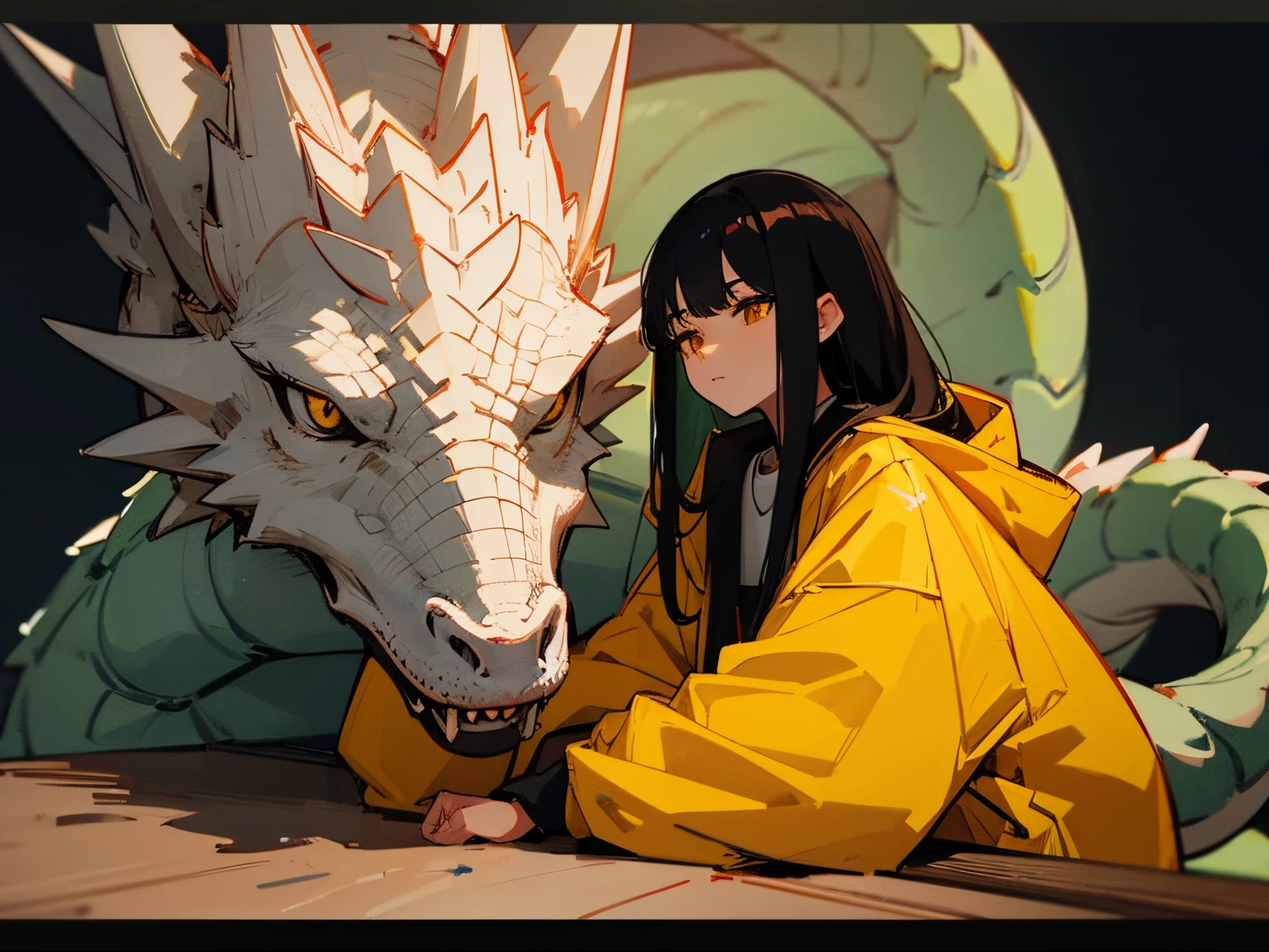 A 20-year-old black-haired woman stroking a white dragon, Calm、Gentle light、black backgrounds、Coffee、head shot、Lo-Fi Illustration、While watching TV at the kotatsu、a relaxing sight、Woman in hoodie、looks sleepy、Yellow clothes、a dragon is sitting next to me.、Realistic dragon with cute eyes、long tail dragon、dragon with collar、woman playing switch game
