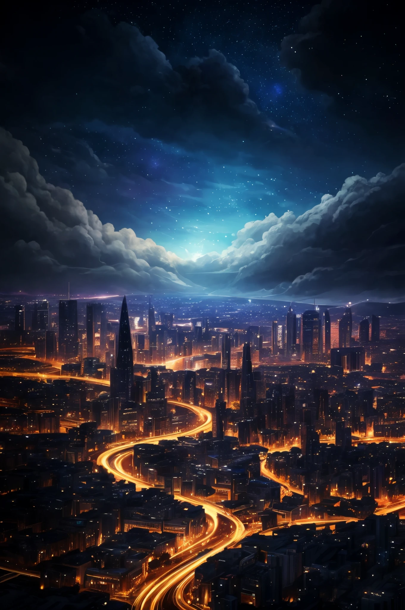 City night view with sky full of stars, 4k highly detailed digital art, otherworldly visuals, Stunning wallpapers, galactic landscape, Sci-fi fantasy wallpaper, Magnificent background, epic dreamlike fantasy landscape, a digital dreamscape, sci-fi fantasy desktop wallpaper, Impressive fantasy scenery, The ethereal Starlight City under the sunset, 8K HD wallpaper digital art