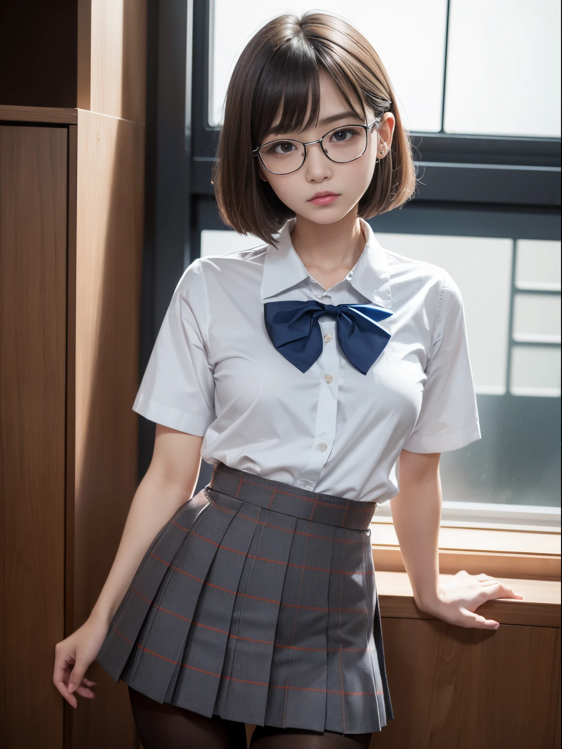 (((Long bob cut)))、(Underwear is visible)、((Narrow-eyed))、((Narrow-eyed))、((Narrow-eyed))、(8K、Raw photography、top-quality、masterpiece:1.2),、Has a small、(flat breast)、(flat breast)、(flat breast)、(flat breast)、(flat breast)、(being thin)、light skinned、skin whitening、Dark look、Rasping,glamor,Chromo-white skin,cocky,School,watching at viewers,Looking at the front,Muchimuchi,High-pitched clothing,Erotic,Pupils,de pele branca,kne,((Black pantyhose)),absurderes,a small face,,Forehead visible,Bangs hanging from the left and right sides of the forehead,(a cold expression,Tight eyes,glares,Bullish,irate)、masterpiece,top-quality、超A high resolution,Raw photo,ren,Beautiful fece,One Person, 独奏,eye glass,,Dark look,Small breasts,fullllbody,Round glasses,JK school uniform,hi-school girl,A Japanese Lady,is standing,(Photorealsitic:1.37)、Photon mapping,Realistic、Beautie,Cute little face,Brown-eyed、Black socks、(Red bow tie)、Radio City、Physically Based Rendering、depth of fields、Blurry background、a picture,Body,beauty legs, Long legs, Thin leg,(Bangs are visible), hair, s lips, Blue_The eye, nosesoft,(Light blue shirt), (Navy and blue and white plaid pleated skirt), Knees are visible,Sheer clothing,, Thigh, Black cotton socks,Nogizaka Idol, 女優, Japanese ido