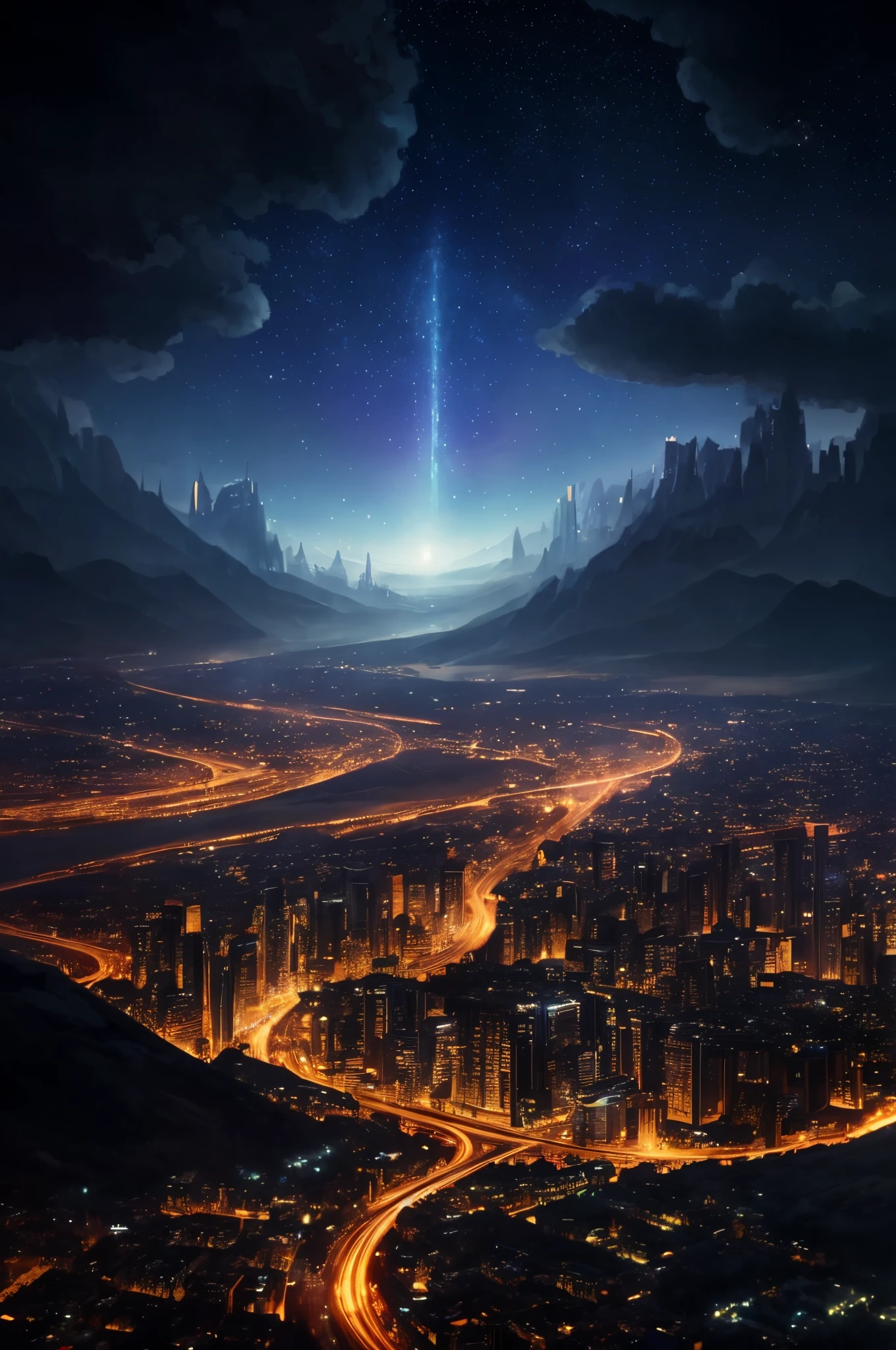 City night view with sky full of stars, 4k highly detailed digital art, otherworldly visuals, Stunning wallpapers, galactic landscape, Sci-fi fantasy wallpaper, Magnificent background, epic dreamlike fantasy landscape, a digital dreamscape, sci-fi fantasy desktop wallpaper, Impressive fantasy scenery, The ethereal Starlight City under the sunset, 8K HD wallpaper digital art