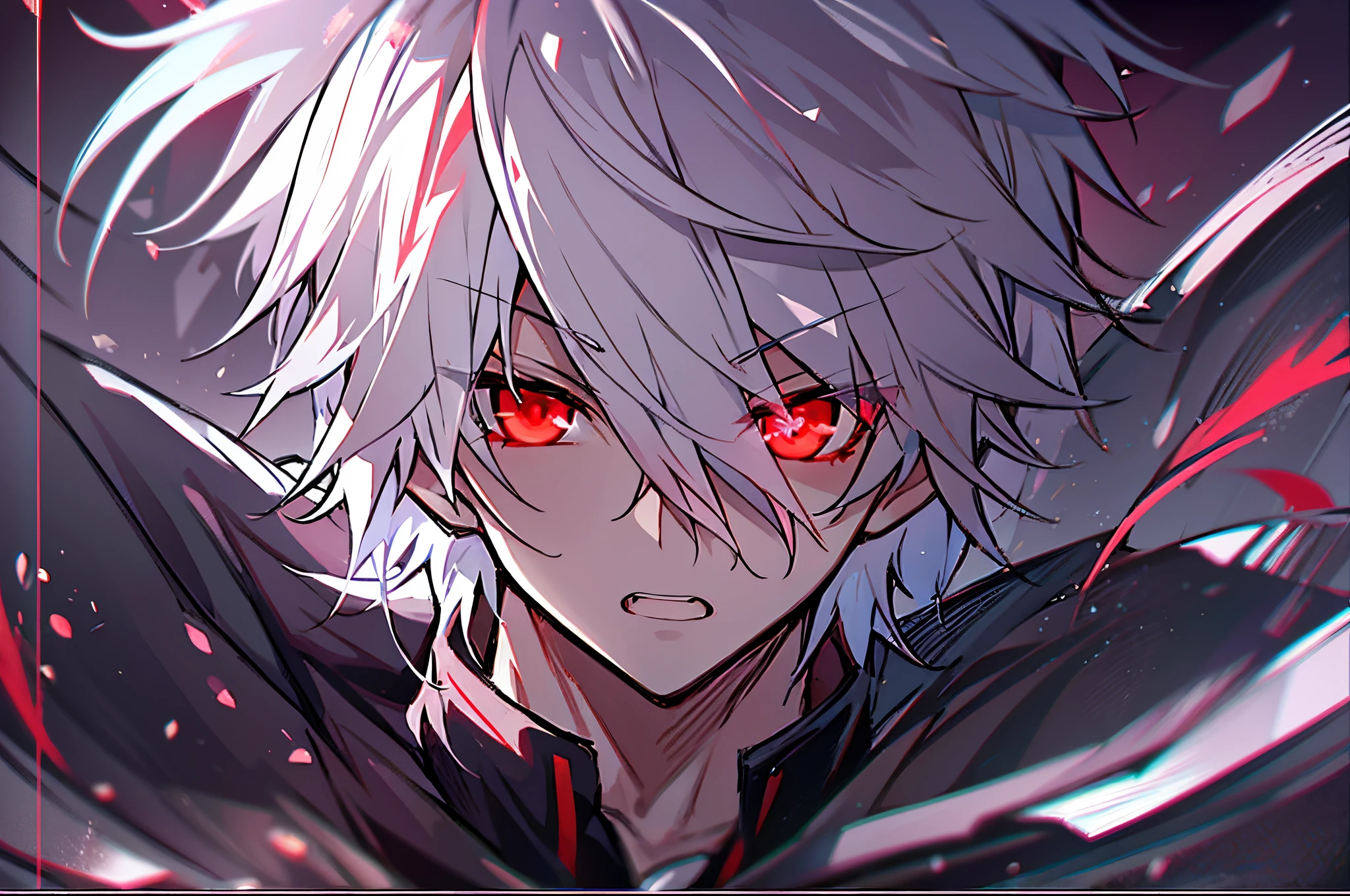 hight resolution,close range、Anime boy with white hair and red eyes staring at camera, Glowing red eyes,slim, dressed in a black outfit,Shadow Body,colorful backdrop,hair messy, Diagonal angle、glares、Opening Mouth