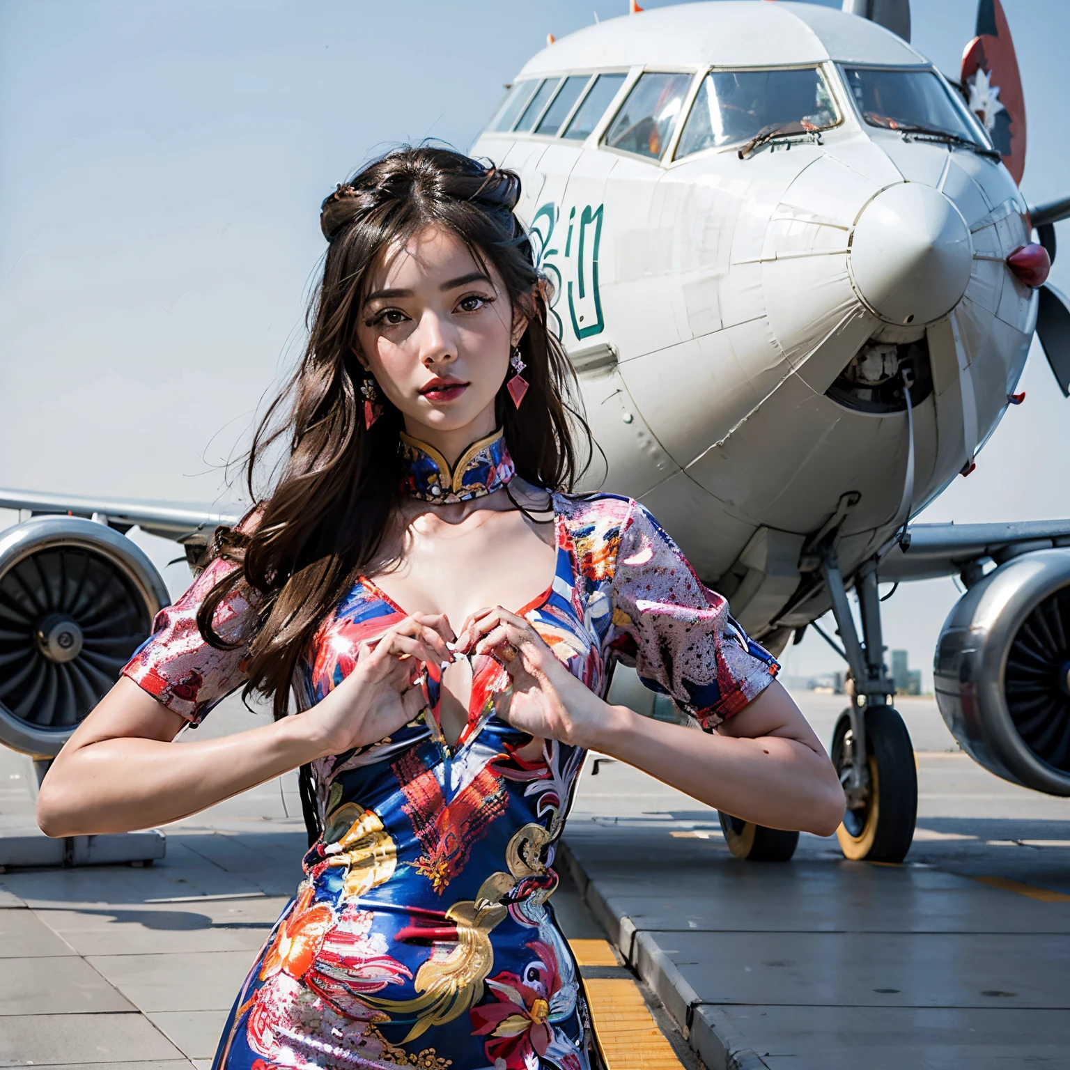 araffe woman in a dress making a heart with her hands, beautiful digital artwork, gorgeous chinese model, cute woman, elegant pose, cute pilot girl, airplane, attractive pose, sakimichan, asian girl, beautiful pose, beautiful asian girl, beautiful angle, dilraba dilmurat, beautiful artwork, cg art, airport, an asian woman
