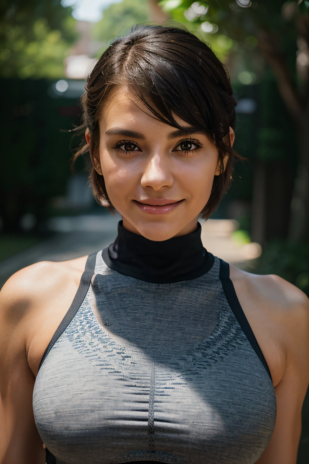 Retrato de una hermosa chica, usando ropa deportiva, asymmetrical with slightly cropped hair, Busto normal, sonriente, eyes symmetrical, face symmetrical, fotorrealista, Cinematographer, Seguimiento de rutas, specular lighting, Volumetric light for the face, Camino trazado del cabello, Sombras visibles, intrincado, elaborar