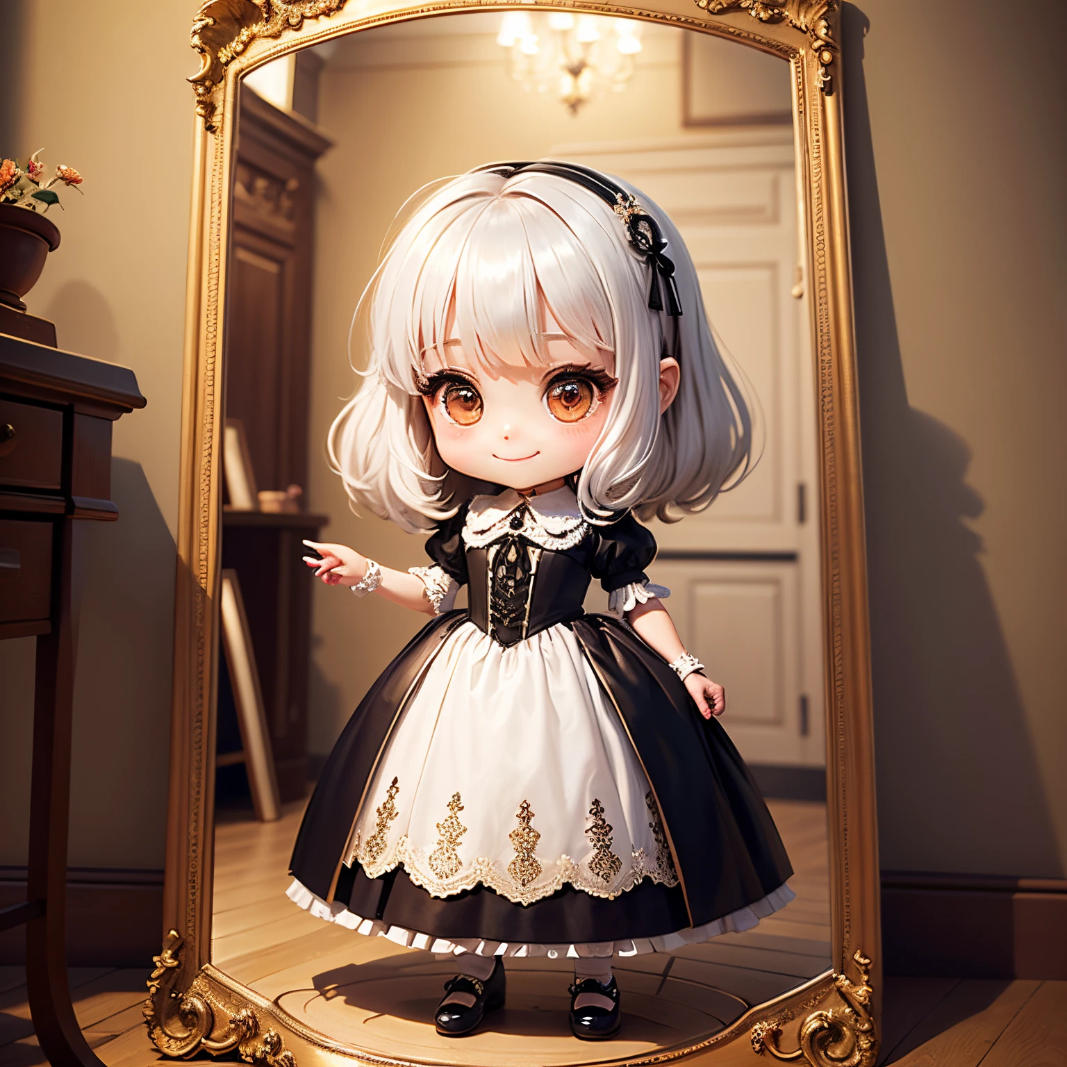 masterpiece、top-quality、ultra-detailliert、(Chibi Chara's Daughter:1.2)、Gorgeous decorative mirror🪞、interview、white hair、Renaissance dress、Standing、a smile