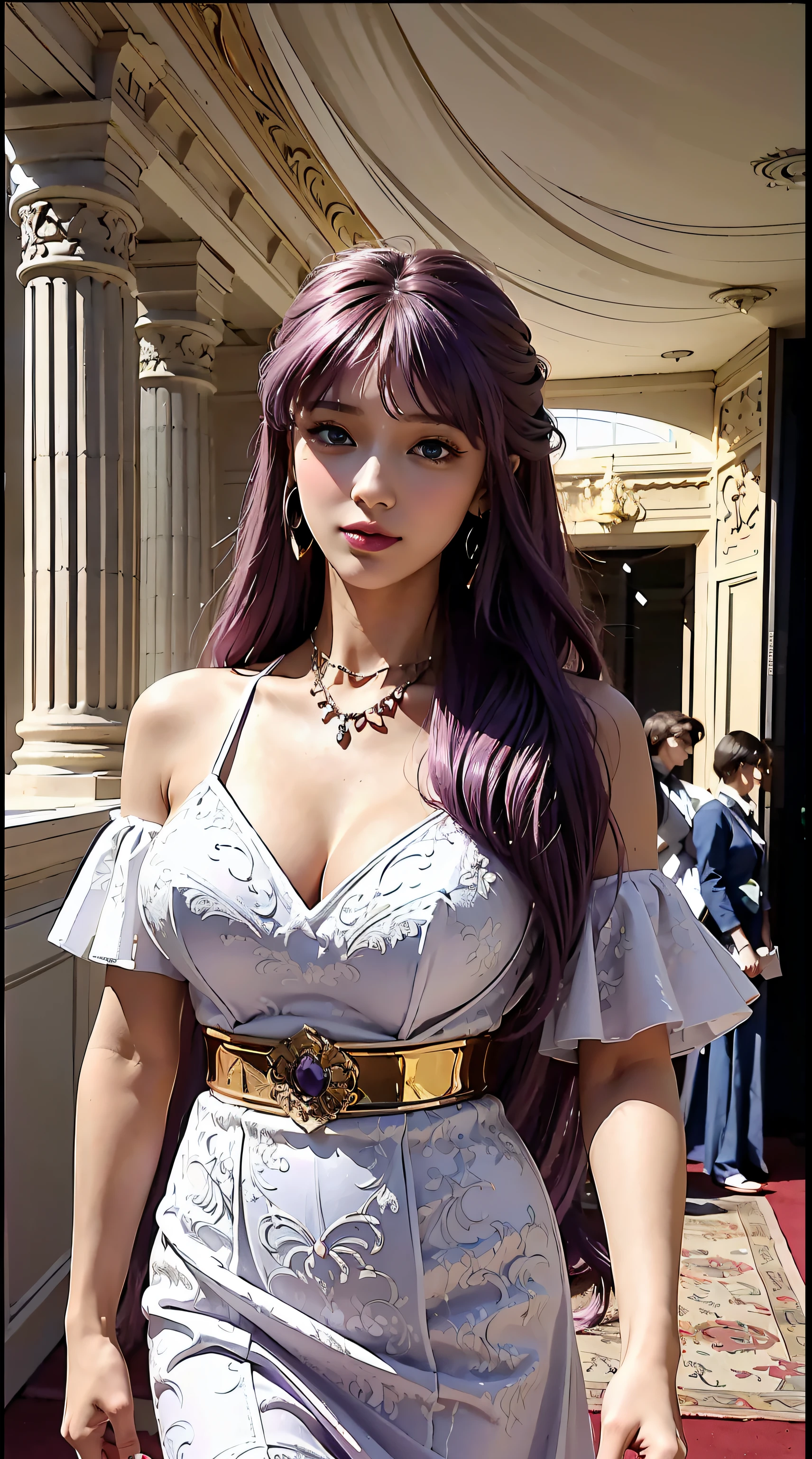 Kido_Saori, saori_accessories, staff_Nikke, purple hair, long hair, beautiful, beautiful woman perfect body, perfect breasts, wearing a white dress, luxurious, beautiful, expensive, very beautiful, handbag, wearing a watch, wearing earrings, walking on the carpet red, red carpet, looking at the viewer, slight smile, realism, masterpiece, textured leather, super detail, high detail, high quality, best quality, 1080p, 16k