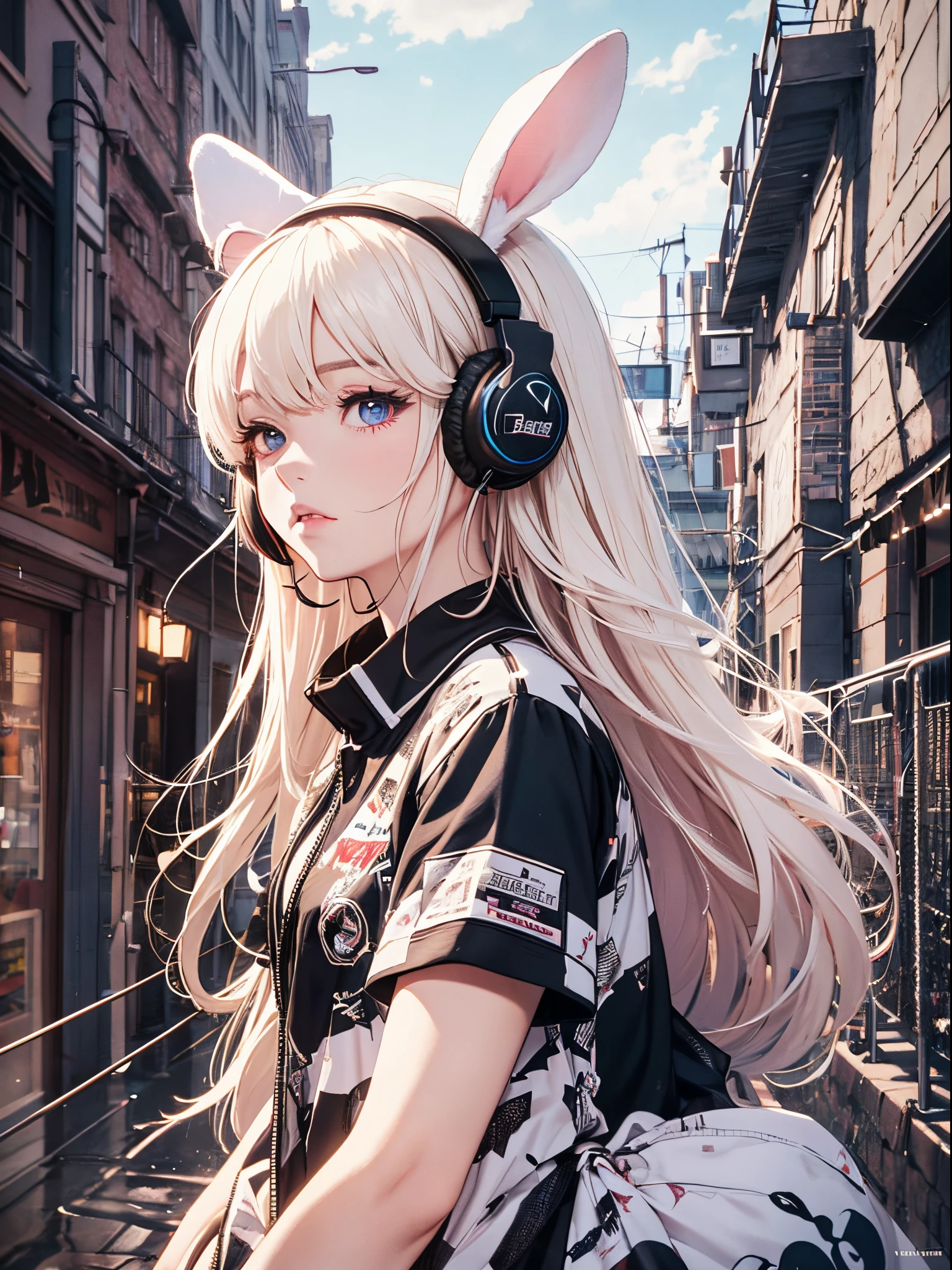 Put on headphones、(blanche The hair)Dressed in hip-hop style、(rabbit doll)90s style、cinematric light, Cinema Shadow, Sharp Image, Extremely detailed,、beautiful effects, Highly detailed image textures, , Highly detailed image textures,Photo from the knee up