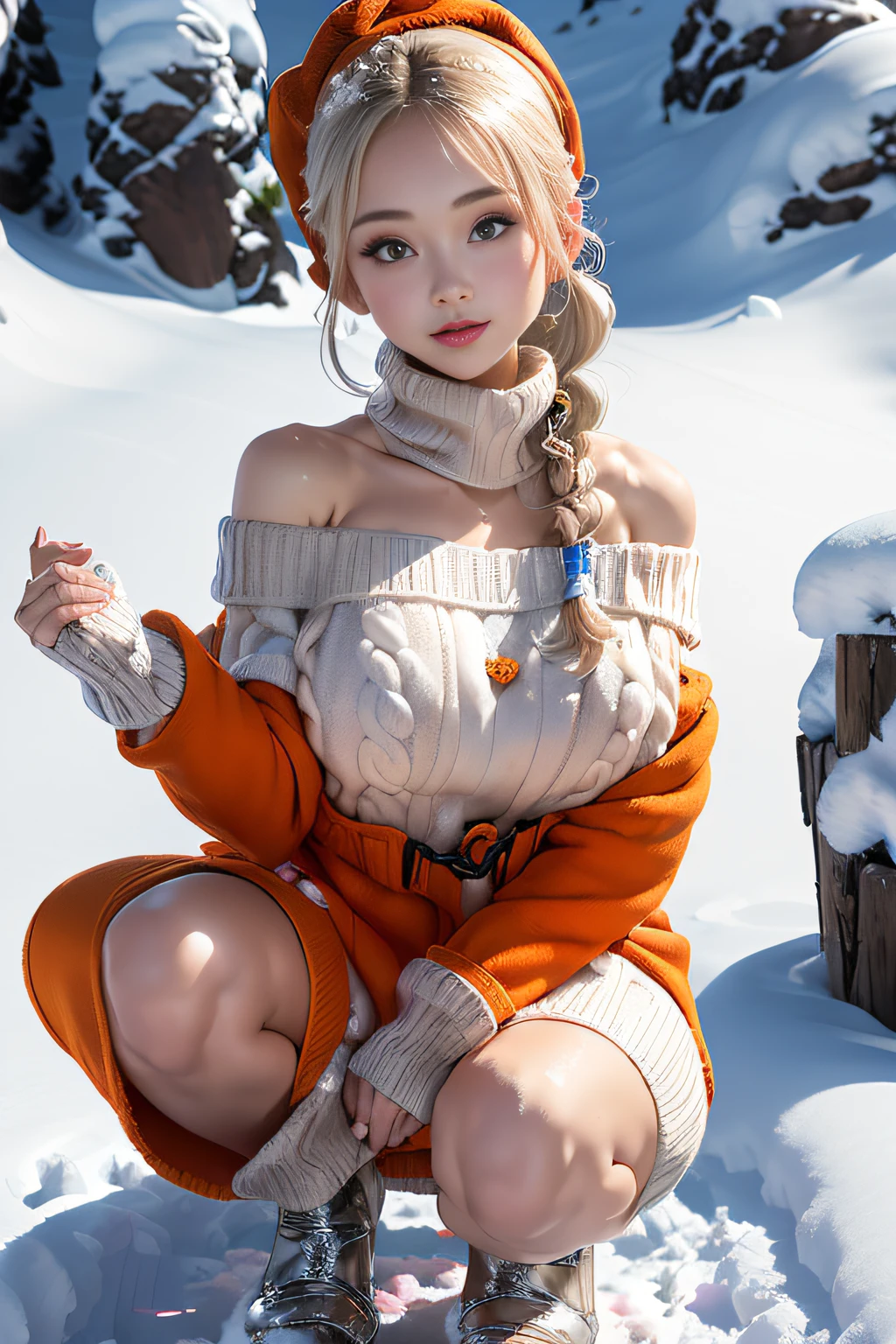 (3D Realistic Photography:1.3),),(((squat in the snow:1.3))),(covered in snow:1.3),(((Snow on the body:1.3))),(Make the subject look three-dimensional with the contrast of light and shadow),(((Winter snowy mountain climbing scenery:1.3))),(((Against the backdrop of the morning sun))),cute and beautiful adult woman,Cute round face,Cute smile,with blush cheeks,Red Lip,(((Orange Open Short Duffle Coat:1.3))),(((Off-the-shoulder sweater dresses:1.3))),Knitted hats,long boots,gloves,(silver white hair,Floral braided headband,half up、Floral Braided Space Van,Voluminous Fishtail Braids,Twisted chignon,),(Bangs are see-through bangs),hair pin,hair adornments,(((Emphasize large breasts:1.3))),breast slip,detailed clothes features,Detailed hair features,detailed facial features,(Dynamic angles),(Dynamic and sexy poses),profetional lighting,Cinematic Light,(masutepiece,top-quality,Ultra-high resolution output image,) ,(The 8k quality,depth of fields,Anatomically accurate facial structure,),(Sea Art 2 Mode:1.3),(Image Mode Ultra HD,)