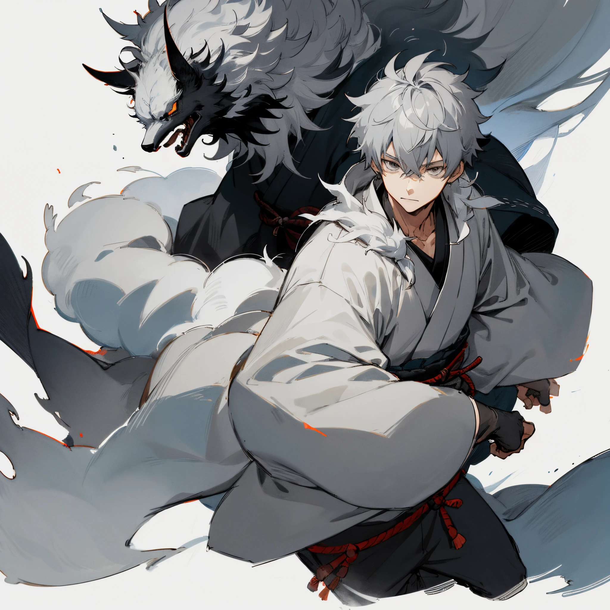 1 boy, gray hair, gray eyes, forest, samurai, clothing with elements of fluffy, reference, Anime boy, digital sketch, highest quality digital art, shogun