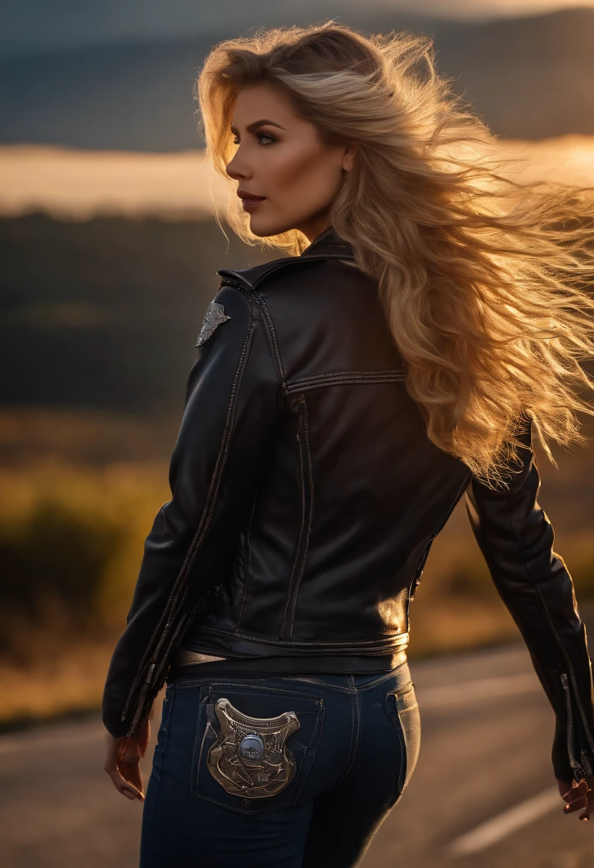 from the rear, a gorgeous European blonde woman, age 23, wavy hair, riding a motorcycle , sexy pose、Looking at the camera、Riders Jacket| (Metal decoration、Large emblem on the back), Too short jeans shorts, leather Rider Boot, American Highway, (in the sunset light:1.2),
perfect eyes, perfect hands, perfect body, perfect hair, perfect breast, hair behind ear, blurry foreground, UHD, retina, masterpiece, accurate, anatomically correct, textured skin, super detail, high details, high quality, award winning, best quality, highres, 16k, 8k