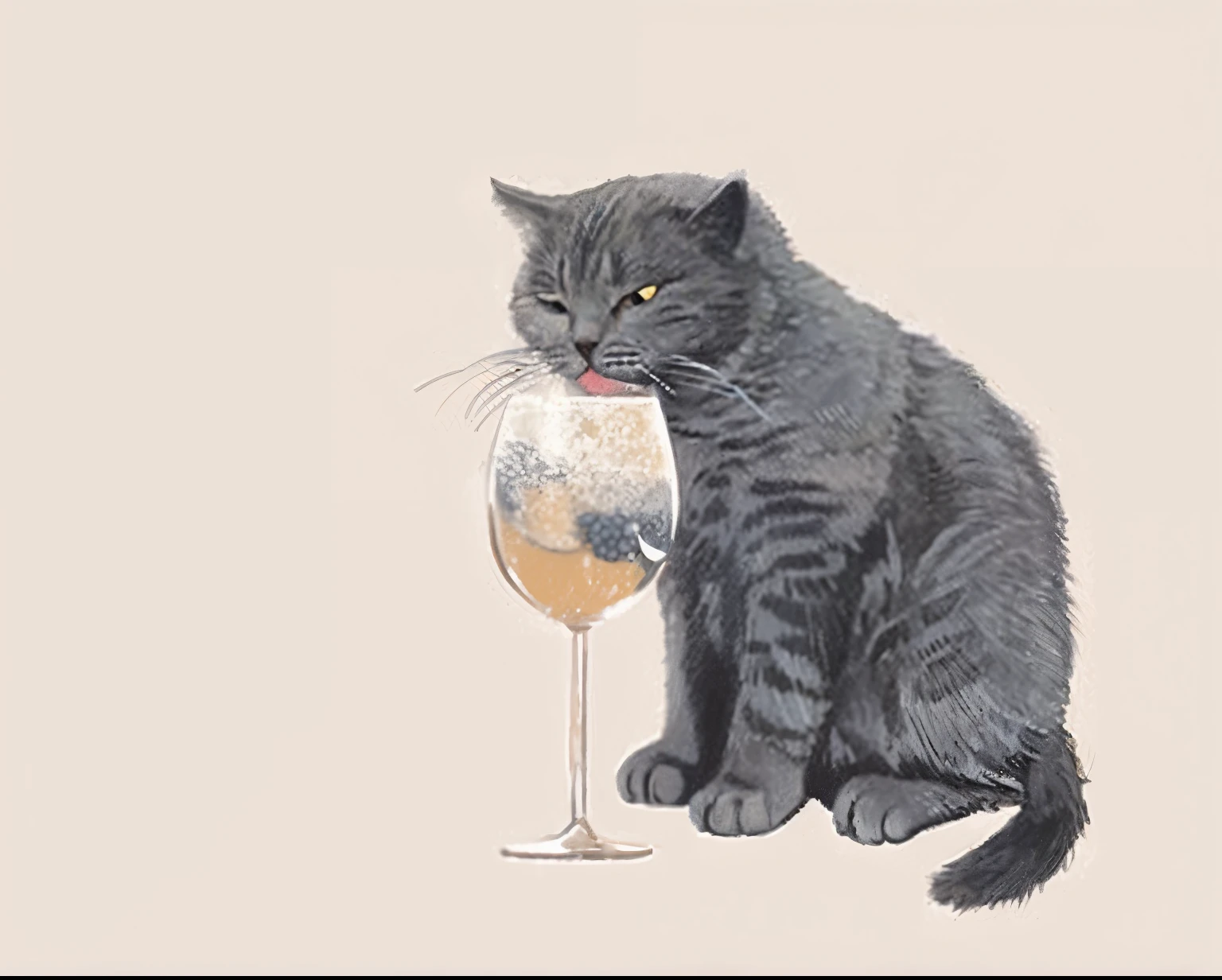 The painting is of a cat sitting with a glass of wine in its mouth, funny illustration, drink, liquid cat, by Jacques Camp, Humorous illustration, Illustration of a cat, drinking a drink, elegant cat, Charcoal and champagne, fizzy, Carlos Cartase, Very humorous illustration, Wonderful illustrations, Enjoy a glass of wine, author:Kawai Yutang