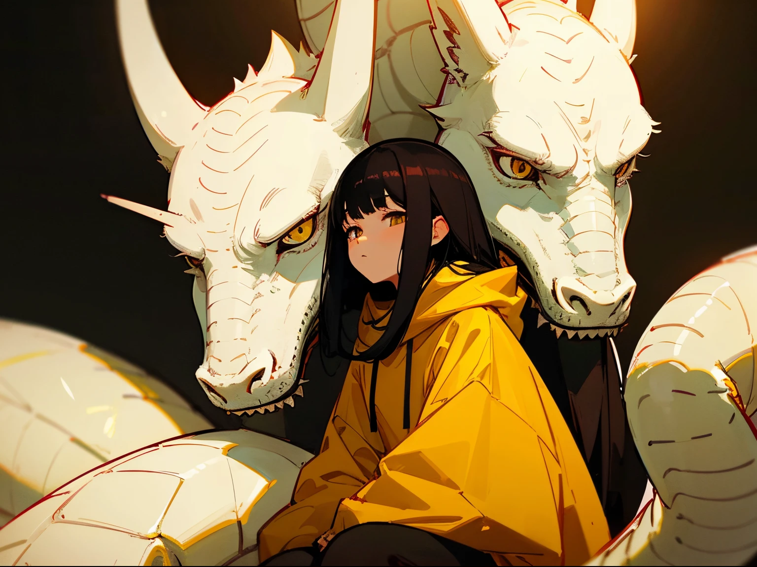 A 20-year-old black-haired woman stroking a white dragon, Calm、Gentle light、black backgrounds、Coffee、head shot、Lo-Fi Illustration、a relaxing sight、Woman in hoodie、looks sleepy、Yellow clothes、a dragon is sitting next to me.、Realistic dragon with cute eyes、long tail dragon、Women and dragons are good friends