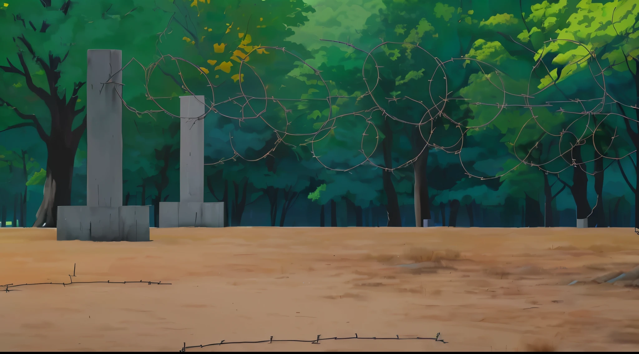 there is a picture of a fence with barbed wire on it, establishing shot, park background, random background scene, forest in background, dystopian gray forest background, background environment. 8 k, 2 d game art background, animation still, some trees in the background, forest in the background, background: battle scene, forest backdrop, 2d game background, anime, anime style, anime background, 4k anime, 4k anime background, 4k detailed,