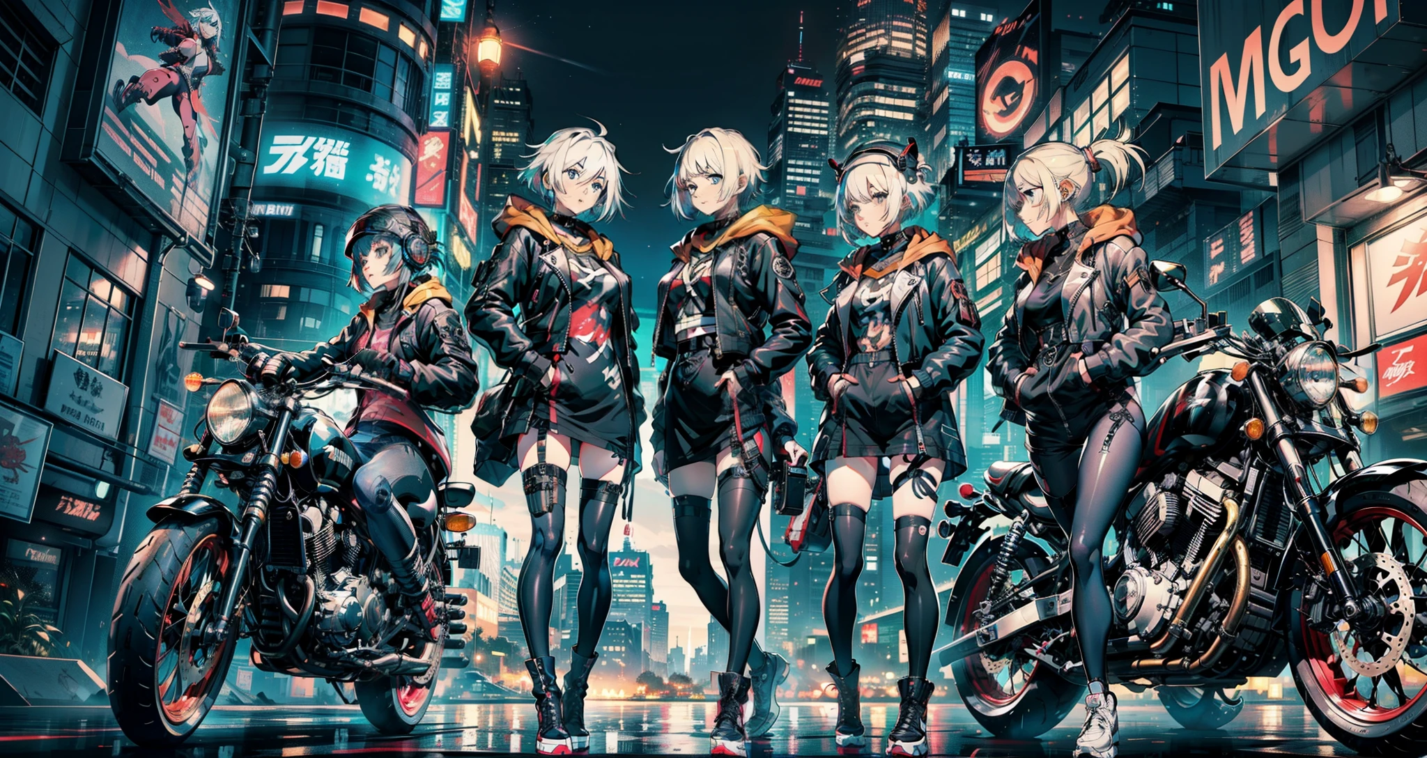 cyberpunked、girl with、mechanic、comical、Anime style、white  hair、motor bikes、Rider Jacket、punk coloring、sity、nightcity、Body parts are machines、Mature Woman、group