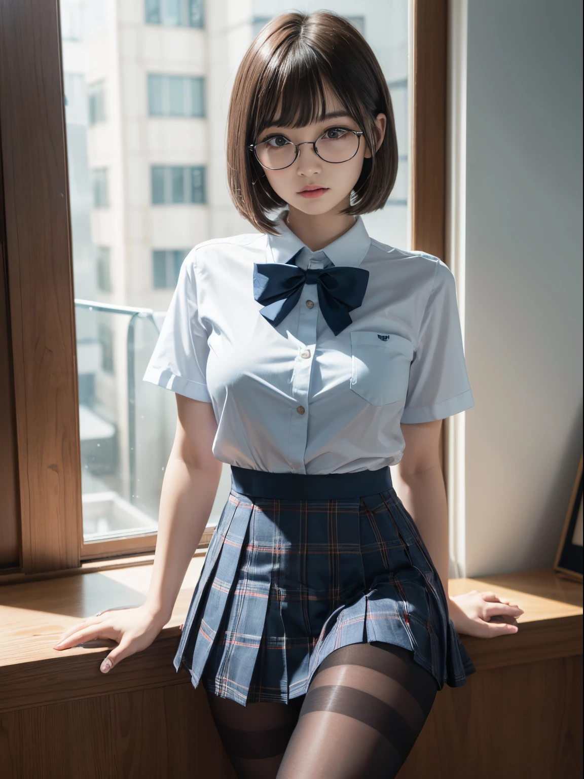 (((Long bob cut)))、(Underwear is visible)、((Narrow-eyed))、((Narrow-eyed))、((Narrow-eyed))、(8K、Raw photography、top-quality、​masterpiece：1.2),、Has a small、(flat breast)、(flat breast)、(flat breast)、(flat breast)、(flat breast)、(being thin)、light skinned、skin whitening、Dark look、Rasping,glamor,Chromo-white skin,cocky,School,watching at viewers,Looking at the front,Muchimuchi,High-pitched clothing,Erotic,Pupils,de pele branca,kne,((Black pantyhose)),absurderes,a small face,,Forehead visible,Bangs hanging from the left and right sides of the forehead,(a cold expression,Tight eyes,glares,Bullish,irate)、​masterpiece,top-quality、超A high resolution,Raw photo,ren,Beautiful fece,One Person, 独奏,eye glass,,Dark look,Small breasts,fullllbody,Round glasses,JK school uniform,hi-school girl,A Japanese Lady,is standing,（Photorealsitic：1.37）、Photon mapping,Realistic、Beautie,Cute little face,Brown-eyed、Black socks、(Red bow tie)、Radio City、Physically Based Rendering、depth of fields、Blurry background、a picture,Body,beauty legs, Long legs, Thin leg,(Bangs are visible), hair, s lips, Blue_The eye, nosesoft,(Light blue shirt), (Navy and blue and white plaid pleated skirt), Knees are visible,Sheer clothing,, Thigh, Black cotton socks,Nogizaka Idol, 女優, Japanese ido