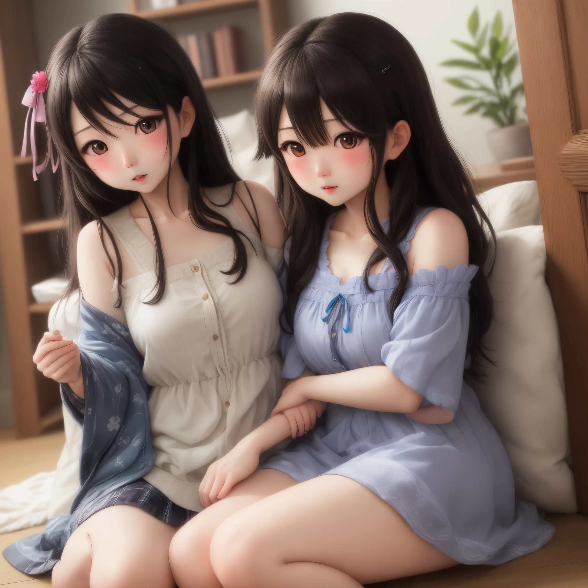 2 female, darker skin, as a , child white long sleeve dress, small legs, lightest blue eyes, red twin tail hair, twin, dolls, home, bedroom, dollhouse