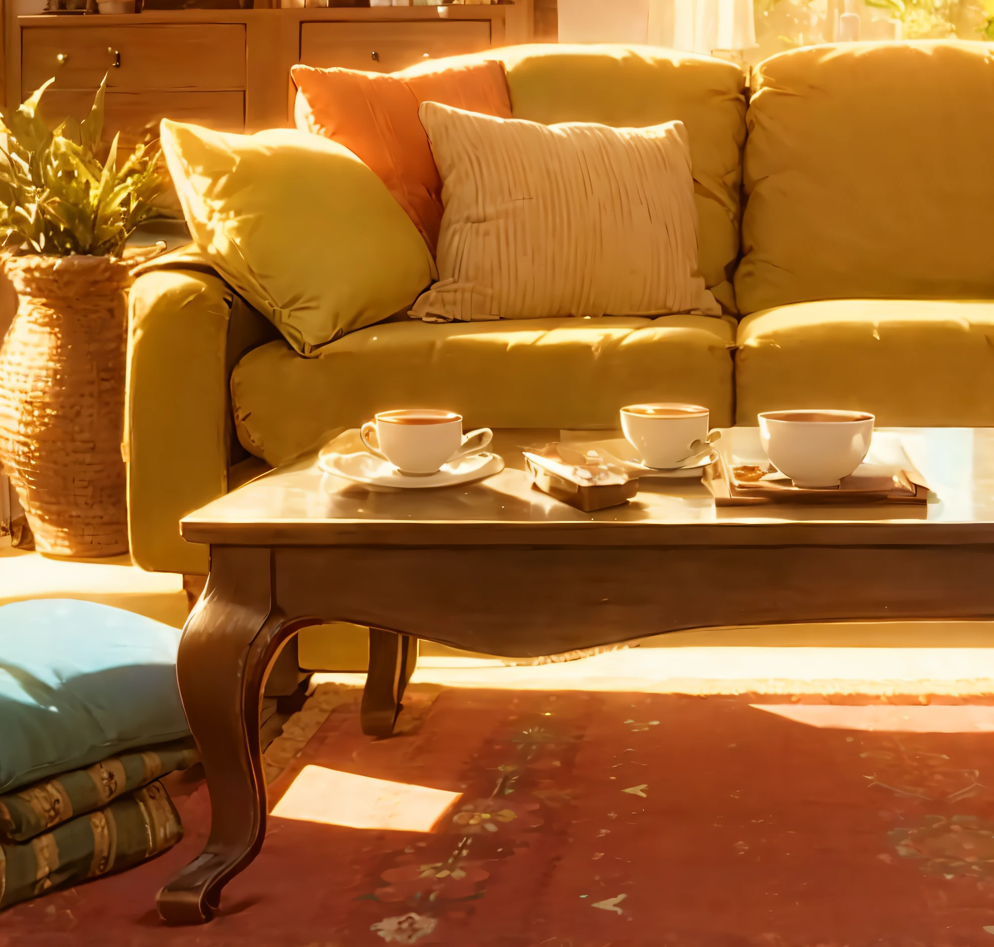 cozy living room, teacup, sofe, cabinet, Tea table, carpets, rays of sunshine,hyper HD, tmasterpiece, ctextured skin, super detailing, Award-Awarded, high detal, Best quality at best, A high resolution, high qulity, tmasterpiece, retinas, hyper HD, 1080p