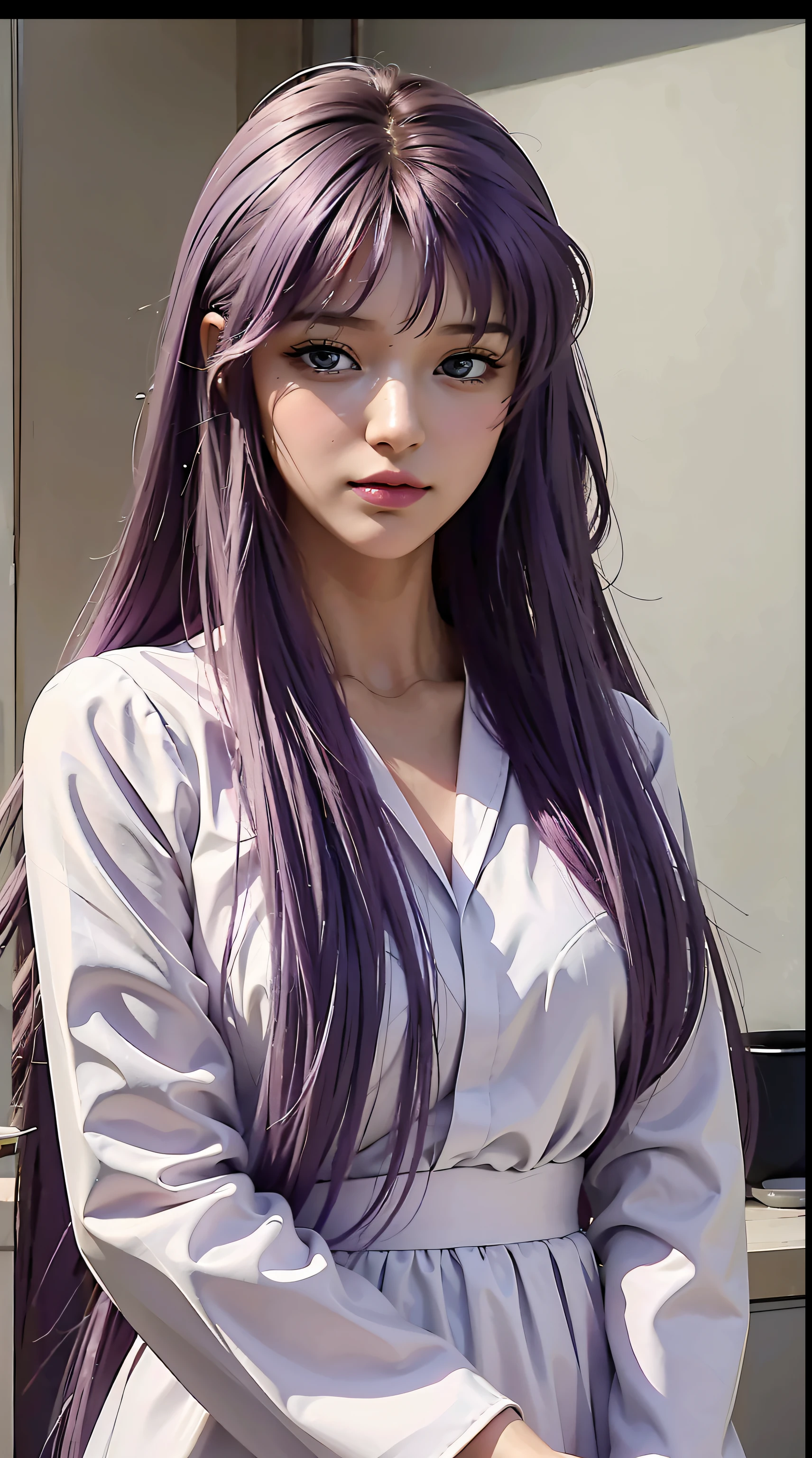 Kido_Saori, saori_accessories, staff_Nikke, purple hair, long hair, beautiful, beautiful woman, perfect body, perfect breasts, wearing white pajamas, pajamas, sleepwear, in the kitchen, dry kitchen, looking at the viewer, a slight smile, realism, masterpiece, textured skin , super detail, high detail, high quality, best quality, 1080p, 16k