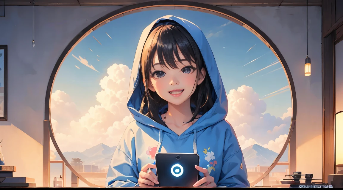 operate the computer in the room,beginner, portrait shot, infp young woman, she expressing joy, ethnicity : Japanese, she is smiling and excited, a young asian woman, Woman in hoodie, over shoulder shot, outdoors business portrait, Smiling young woman, waist - up, sunny sky, vibrant and dynamic,