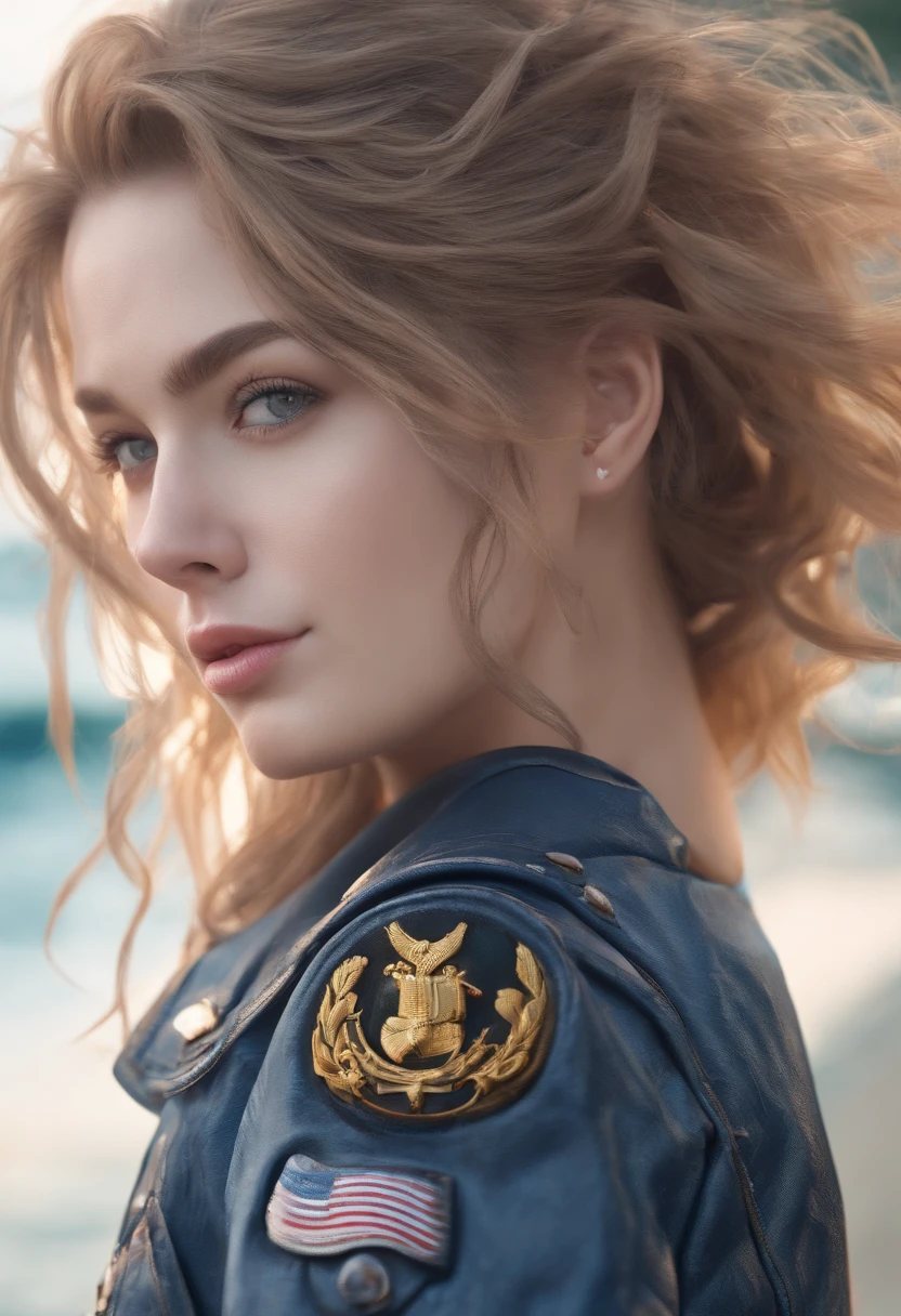 from the rear, a gorgeous European blonde woman, age 23, wavy hair, riding a motorcycle , sexy pose、Looking at the camera、Riders Jacket| (Metal decoration、Large emblem on the back), Too short jeans shorts, leather Rider Boot, American Highway, (in the sunset light:1.2),
perfect eyes, perfect hands, perfect body, perfect hair, perfect breast, hair behind ear, blurry foreground, UHD, retina, masterpiece, accurate, anatomically correct, textured skin, super detail, high details, high quality, award winning, best quality, highres, 16k, 8k