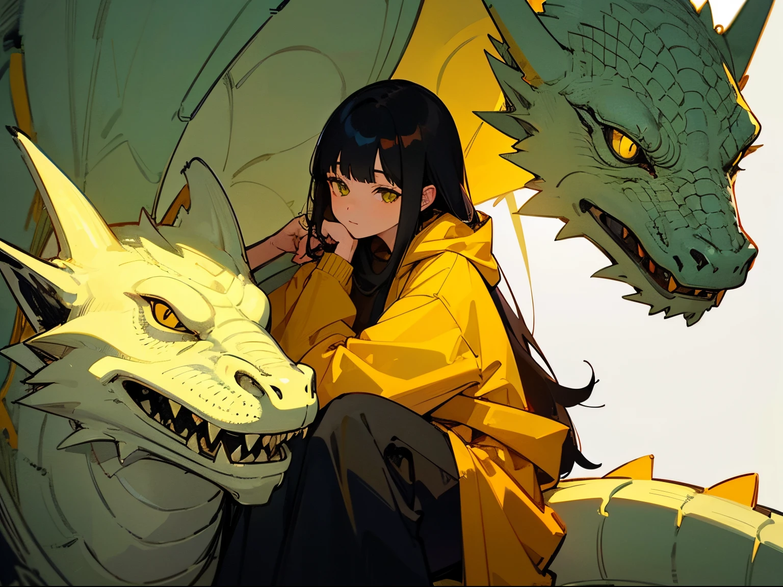 A 20-year-old black-haired woman stroking a white dragon, Calm、Gentle light、black backgrounds、Coffee、head shot、Lo-Fi Illustration、a relaxing sight、Woman in hoodie、looks sleepy、Yellow clothes、a dragon is sitting next to me.、Realistic dragon with cute eyes、long tail dragon、Women and dragons are good friends