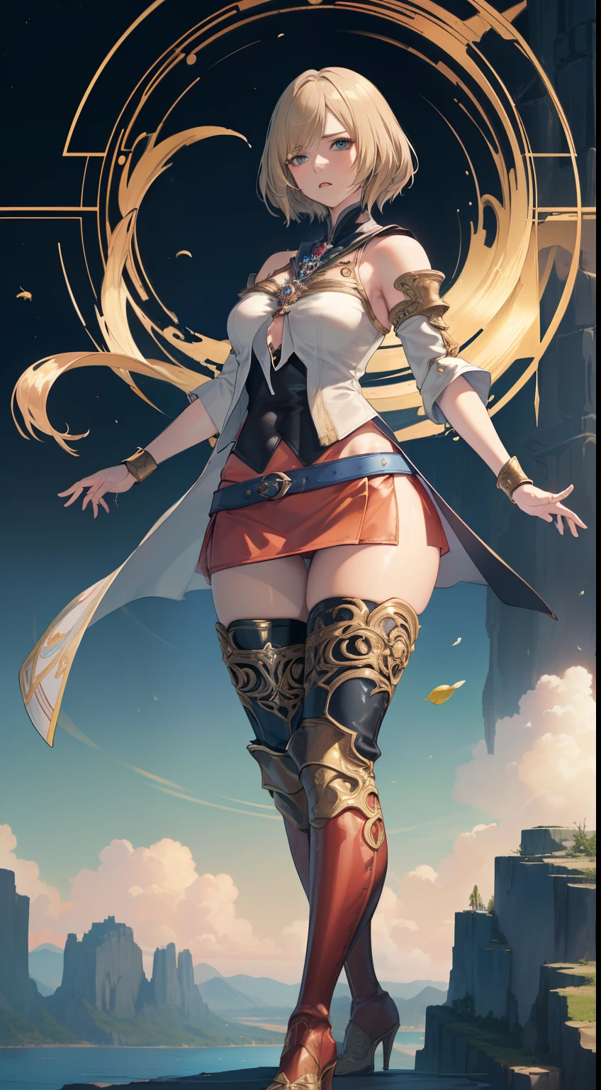 legs crossed,(the golden ratio,masutepiece, of the highest quality, Best Quality, Beautiful and aesthetic:1.2), ighly detailed, Colorful,highest details,Illustrations, fantastical scenes, (Adults,19,1girl in, Solo, Final Fantasy 12,Ashelia, shorth hair, short-hair,Ashelia Costume, Colossal tits, a miniskirt,thigh high boots, thighs thighs thighs thighs, jewely,Contemptuous look