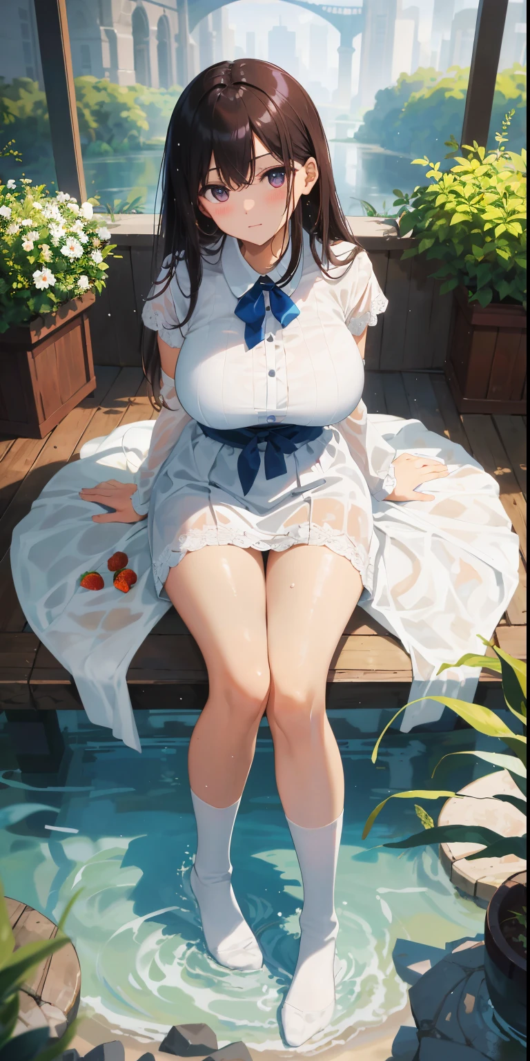 (nsfw:1.5),1 girl, Moderate , it is, wearing a white hat, Sit in the water, stand, white bikini, Wet, blue water, brunette long hair, smile, ((movie water))、Perverted grin