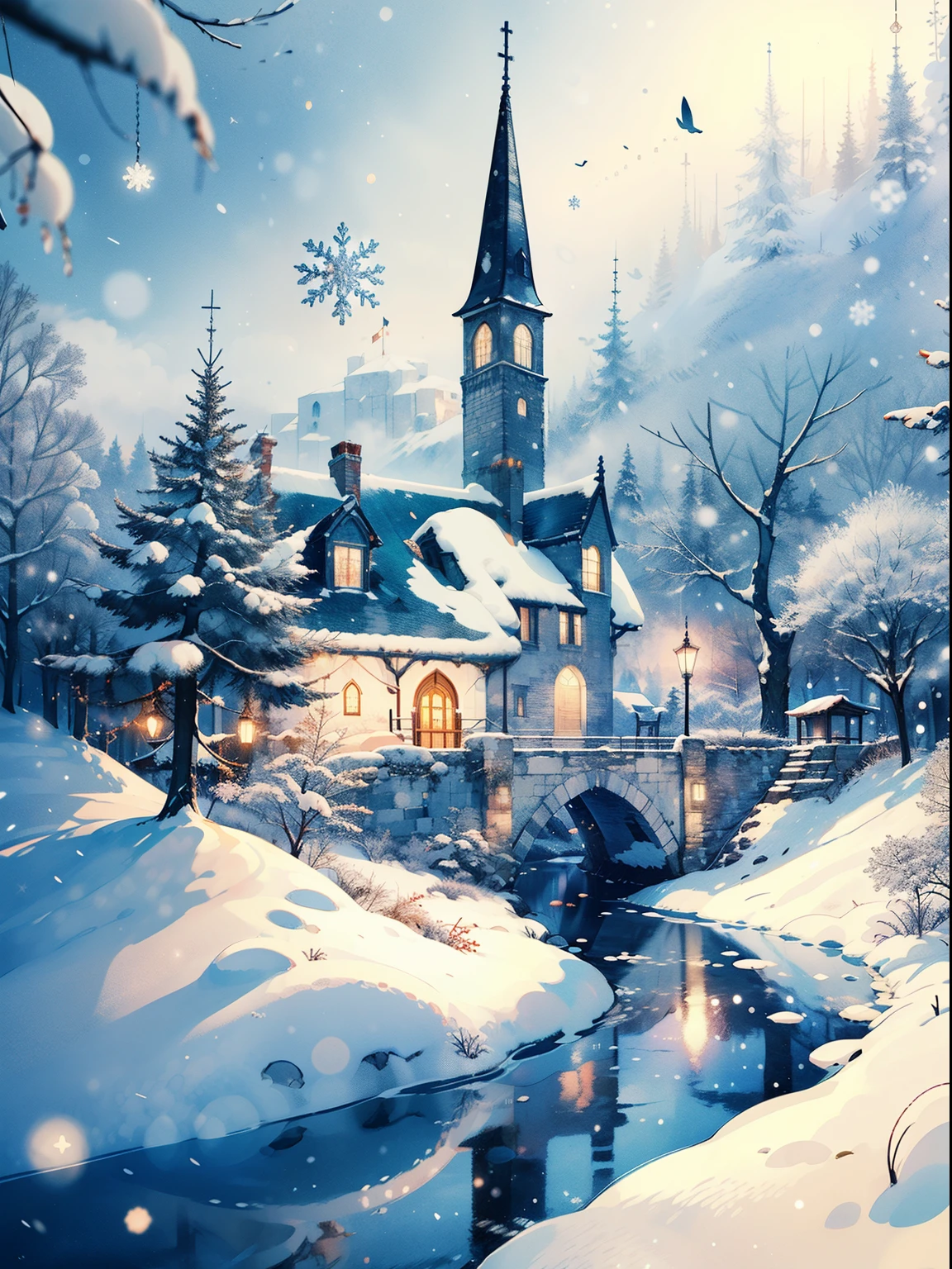 (((masterpiece))),best quality, whitetown, winter scenery, snow, snowflakes, cold color, beautiful scenery