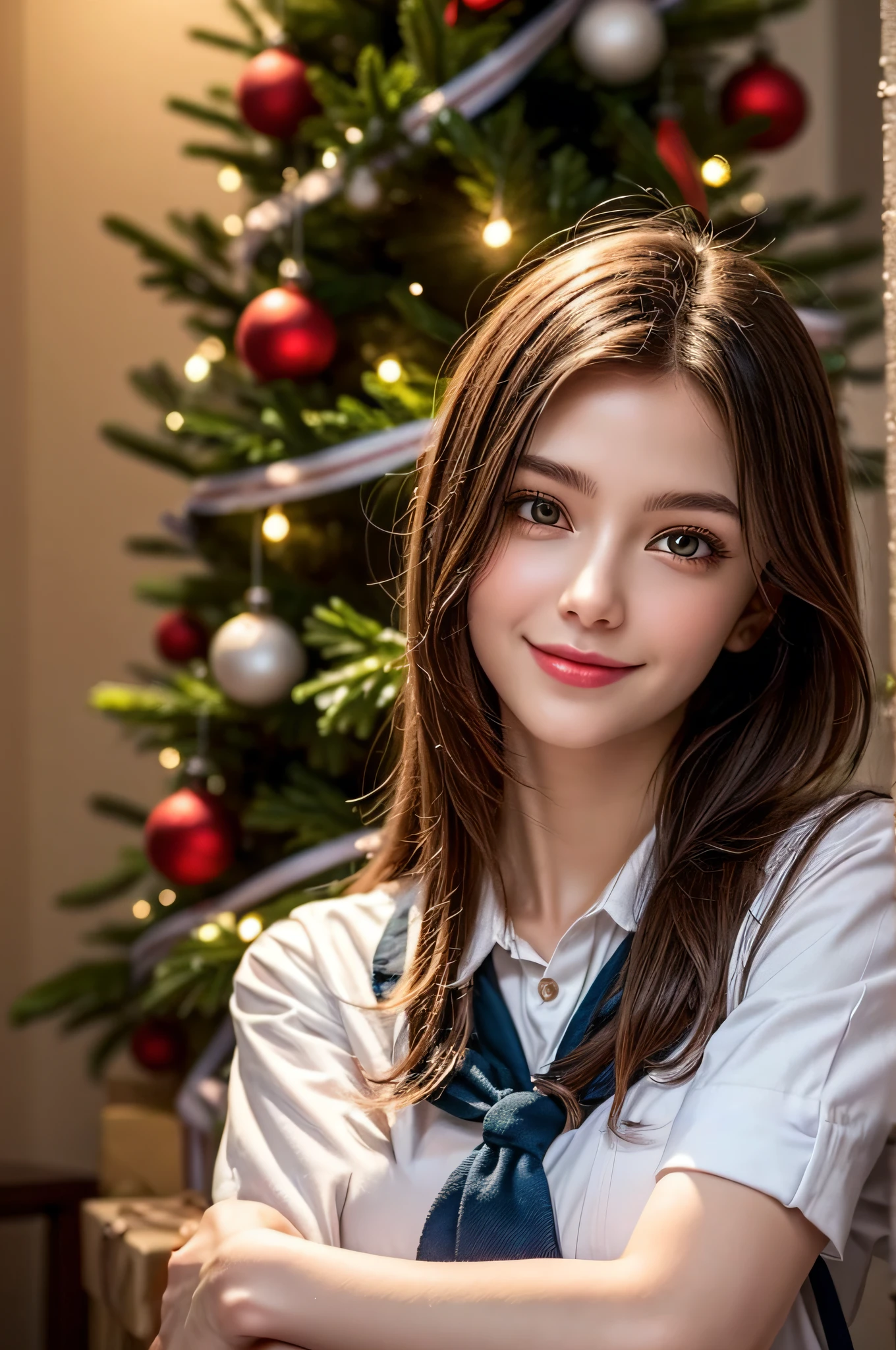 (1 cute girls), Extremely cute, Amazing face and eyes, (Beautiful lovely smile), (extremely detailed beautiful face), bright and shiny lips, (School uniform, Pleated skirt:1.3), (Best Quality:1.4), (hyper quality), (Ultra-detailed), (Hyper-realistic, Photorealsitic:1.37), Authentic skin texture, intricate-detail, extremely detailed CG unified 8k wallpaper, RAW Photos, professional photograpy, Cinematic lighting, Exposing, Christmas tree, Christmas Ornaments, Christmas Decorations, Christmas Lights, christmas lights,