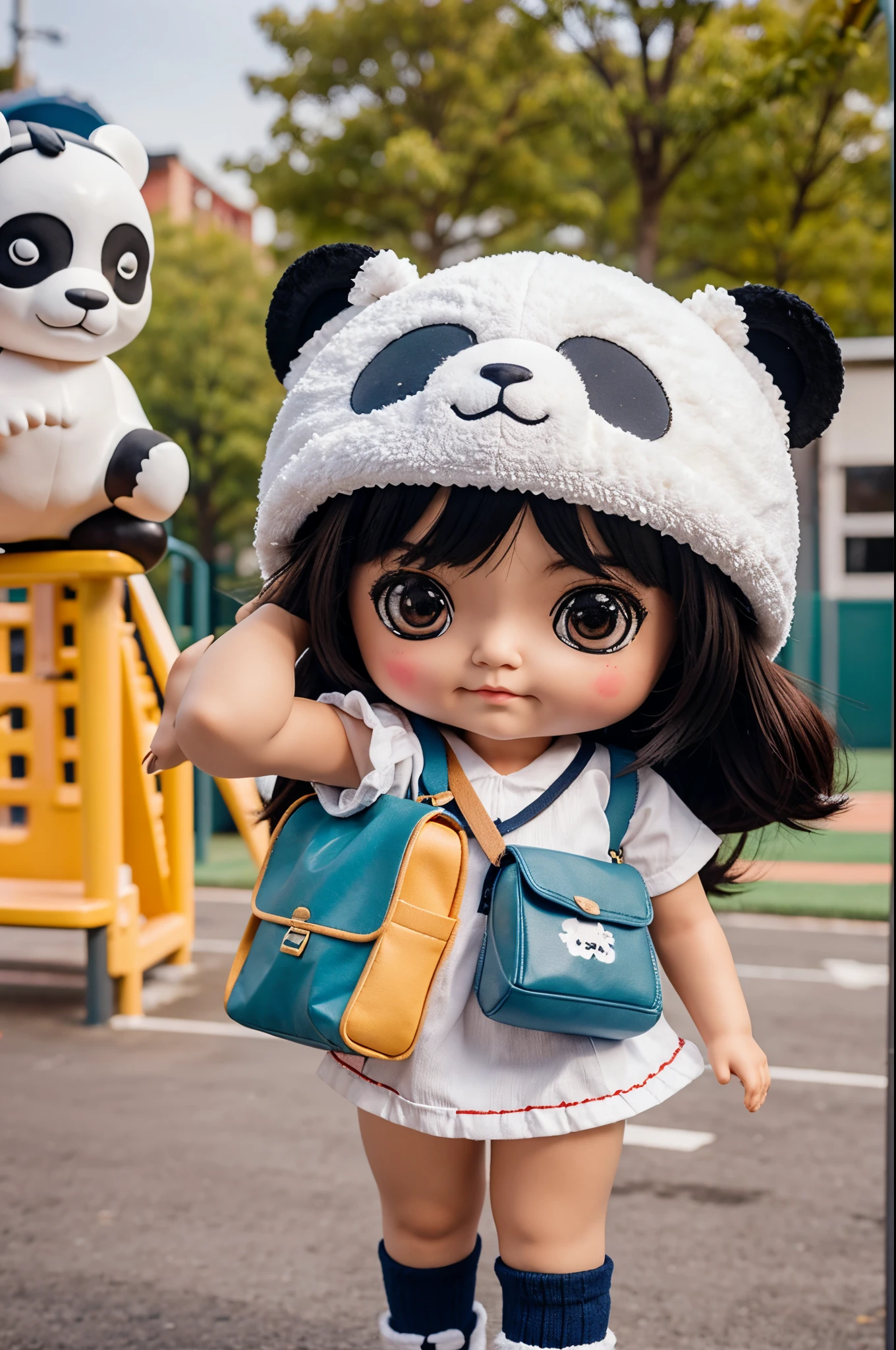 mascot doll,Furry hat with panda head,largeeyes,Carrying a school bag,The background is the school and playground