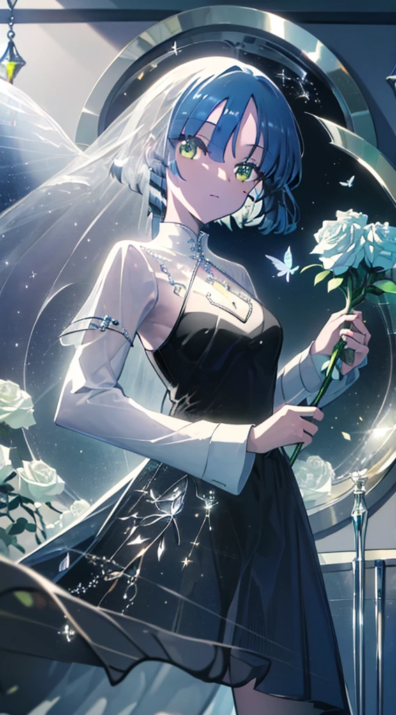 (masterpiece),(best quality:1.0), (ultra highres,), detailed, a glass ball with a tree inside of it, digital art, cg society contest winner, butterflies and sunrays, concept art design illustration, beautiful digital illustration, closed ecosystem, Solo, wedding dress, holding white roses, flying white doves, sweet smile