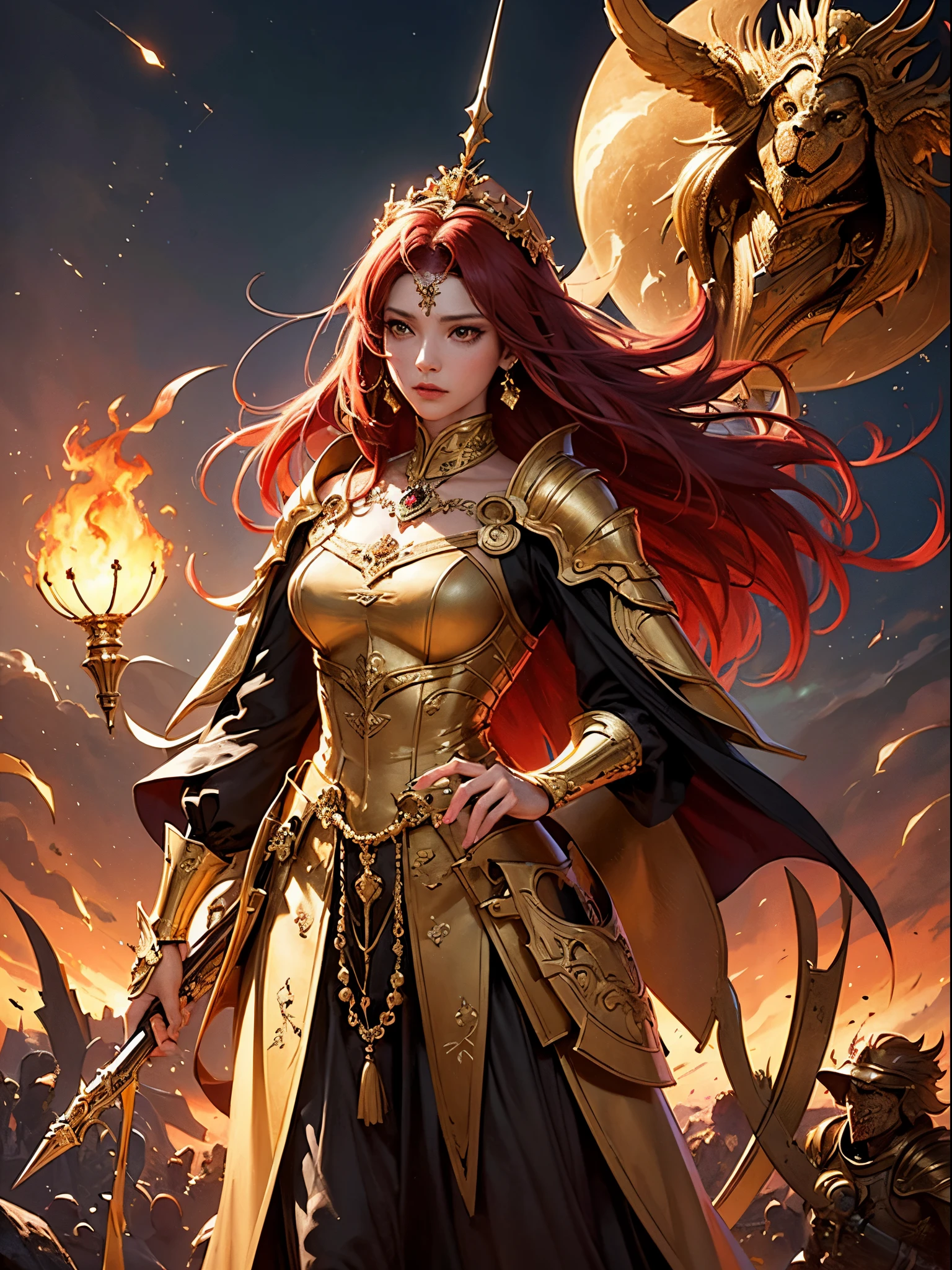 Gold and red tones、Fantasia、Ancient legends、Eventide、Best Quality, Very high resolution, 4K Detail CG, master piece、aesthetics、Mysterious、Queen of Thrones、Charisma、Ishtar, Goddess of War、Increase your fighting spirit、Invincible Great General、Be brave and bold、brave、great、rigor、Awe-inspiring Hall々、glorias、Prestige、Veteran Hero、Unparalleled beauty with a keen gaze、Rin々Right、Guardians of Lions、refinement、noble、Proud、Wearing noble jewelry、Equip your weapons、The appearance is luxurious and golden armor、cloaks、tall and slender、Long hair with fiery red hair、thirds rule、Perfect Angle、perfect-composition、low angles、Perfect light and shadow contrast、(((masterpiece)))、(((top-quality)))、((ultra-definition))、(High Definition CG Illustration)、((extremely delicate and beautiful))、Cinematic Light、)
