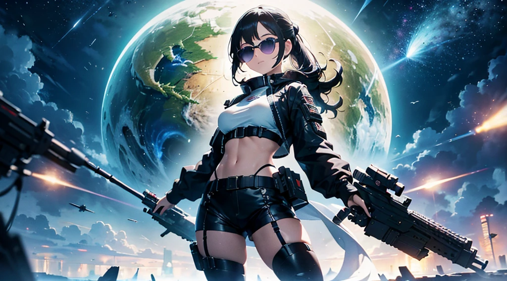 A stunning futuristic photograph Showing The Full Body of a beautiful Caucasian military lady with dark, flowing hair, dressed in a futuristic fashion top and shorts, donning stylish sunglasses and fashion couture military boots. She confidently holds a massive cyberpunk-style sniper cannon over her right shoulder. The scene is set in an intricate cosmic futurism environment, filled with whimsical surroundings and ethereal liquid light particles that rain vivid light everywhere. The artwork is executed in an amazing hyper realistic style, capturing every intricate detail flawlessly. The image quality is at its best, with UHD, HDR, DOF effects, and shot with a DSLR camera capable of 8K resolution. The artist also used the Fujifilm X3 and Manga techniques to create this mesmerizing masterpiece.
