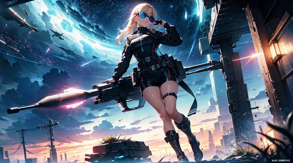 A stunning futuristic photograph Showing The Full Body of a beautiful Caucasian military lady with dark, flowing hair, dressed in a futuristic fashion top and shorts, donning stylish sunglasses and fashion couture military boots. She confidently holds a massive cyberpunk-style sniper cannon over her right shoulder. The scene is set in an intricate cosmic futurism environment, filled with whimsical surroundings and ethereal liquid light particles that rain vivid light everywhere. The artwork is executed in an amazing hyper realistic style, capturing every intricate detail flawlessly. The image quality is at its best, with UHD, HDR, DOF effects, and shot with a DSLR camera capable of 8K resolution. The artist also used the Fujifilm X3 and Manga techniques to create this mesmerizing masterpiece.