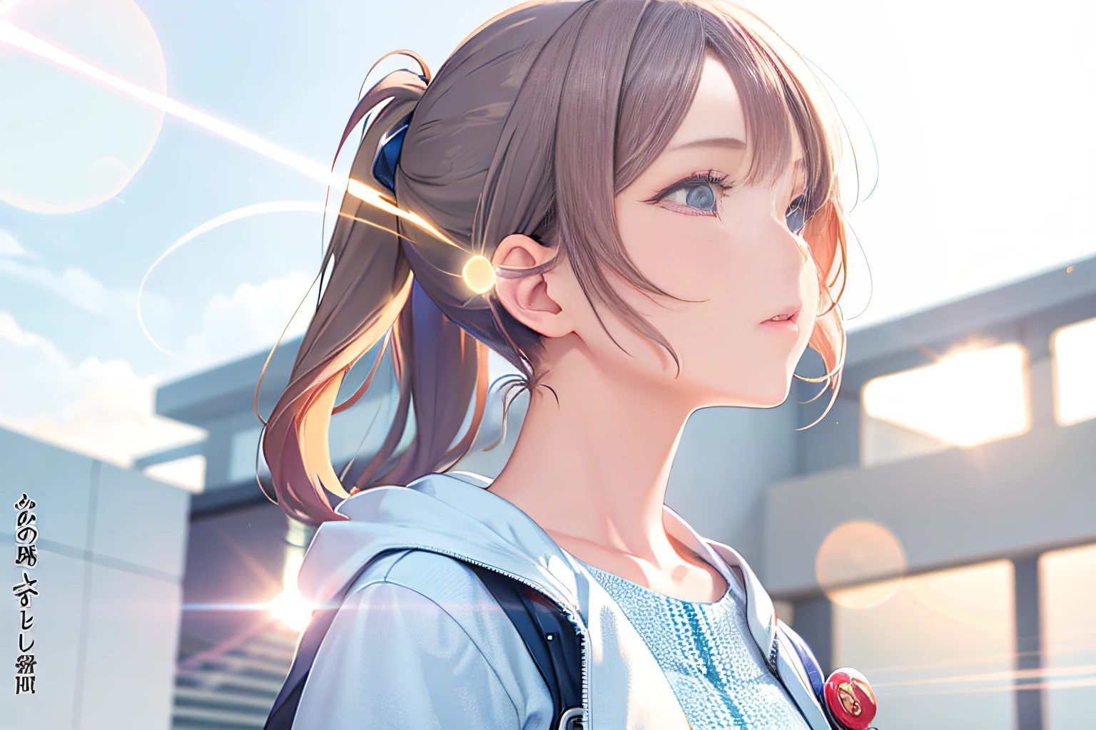 There is a woman with a ponytail and a blue jacket, profile of anime girl, Sunset light, sunrise light, Light glare, Lens Flare, side portrait of cute girl, glowing lens flare wraith girl, Bright Flare, Slight lens flare, Sunflare, soft light from the side, portrait of a japanese , solar flare, Vivid)
